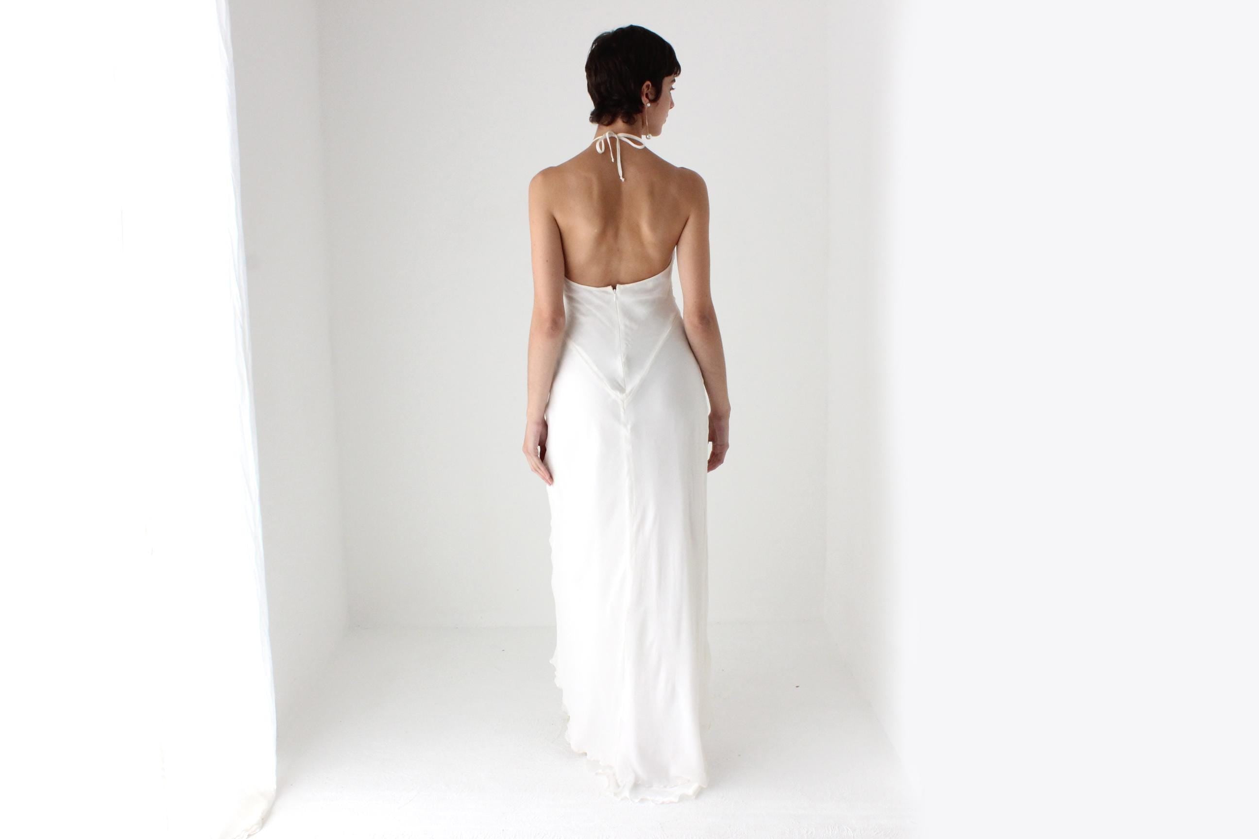 90s Lisa Ho Ivory Silk Georgette Halter Neck Bias Cut Wedding Dress
