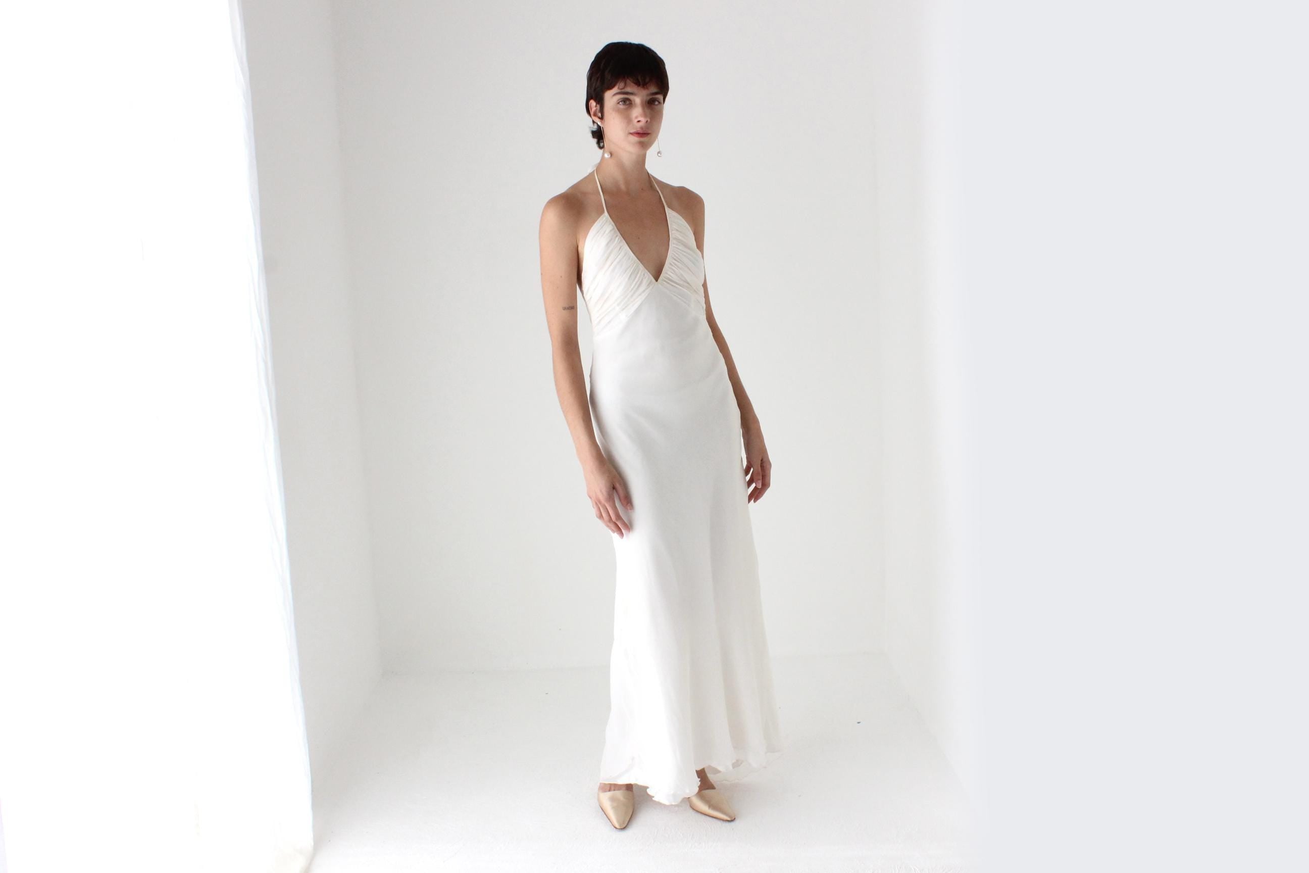 90s Lisa Ho Ivory Silk Georgette Halter Neck Bias Cut Wedding Dress