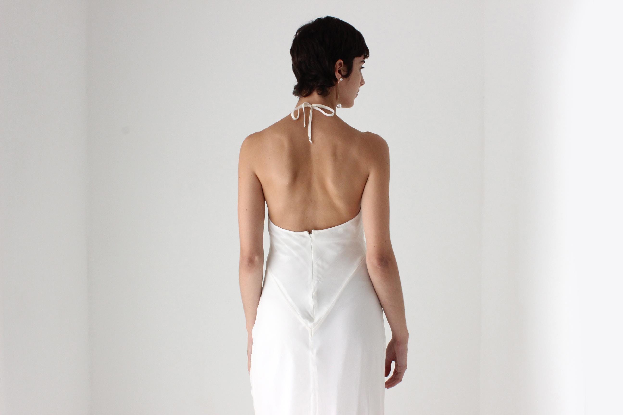 90s Lisa Ho Ivory Silk Georgette Halter Neck Bias Cut Wedding Dress
