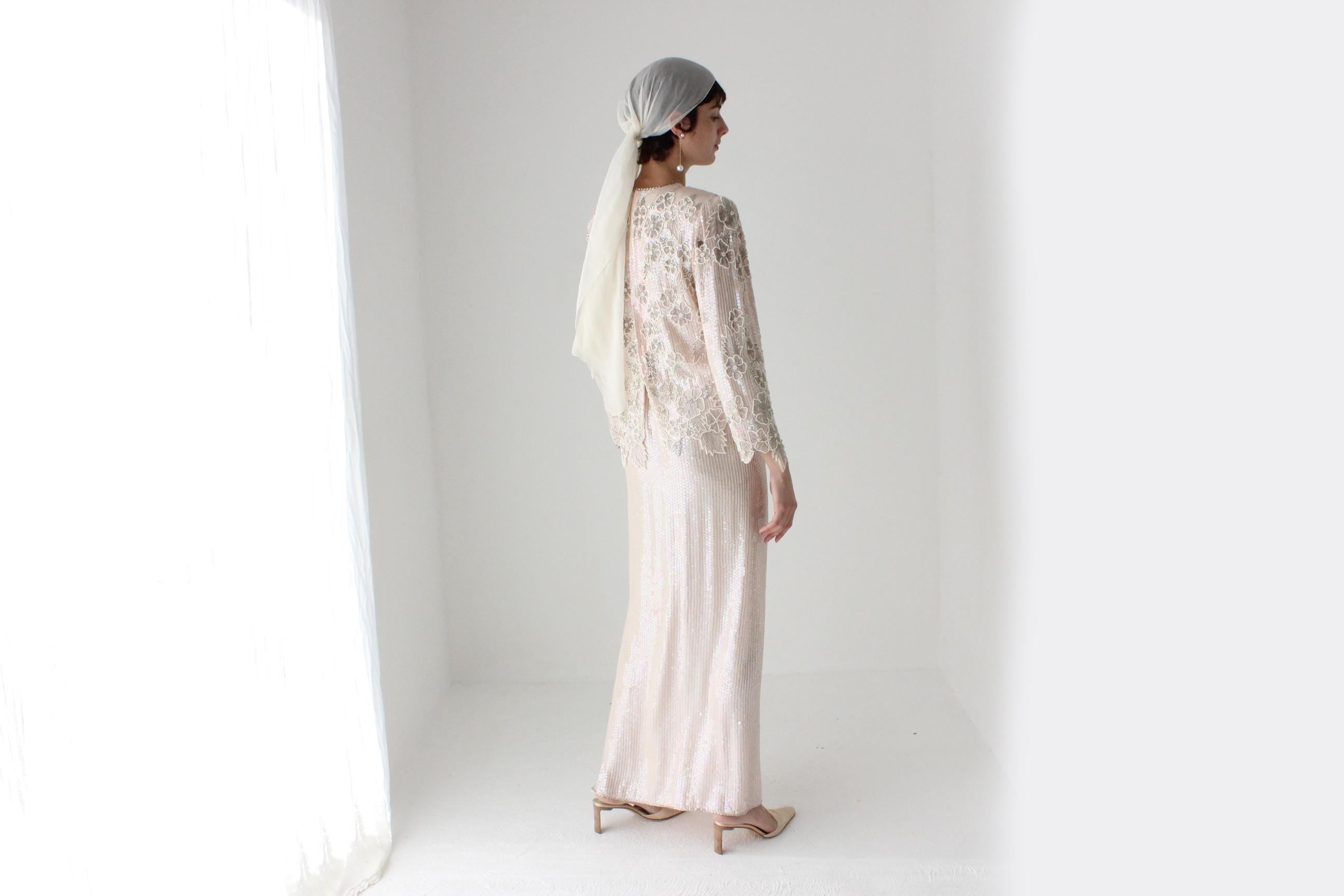 80s Pastel Sequin + Silk Long Sleeve Top & Maxi Skirt Disco Set