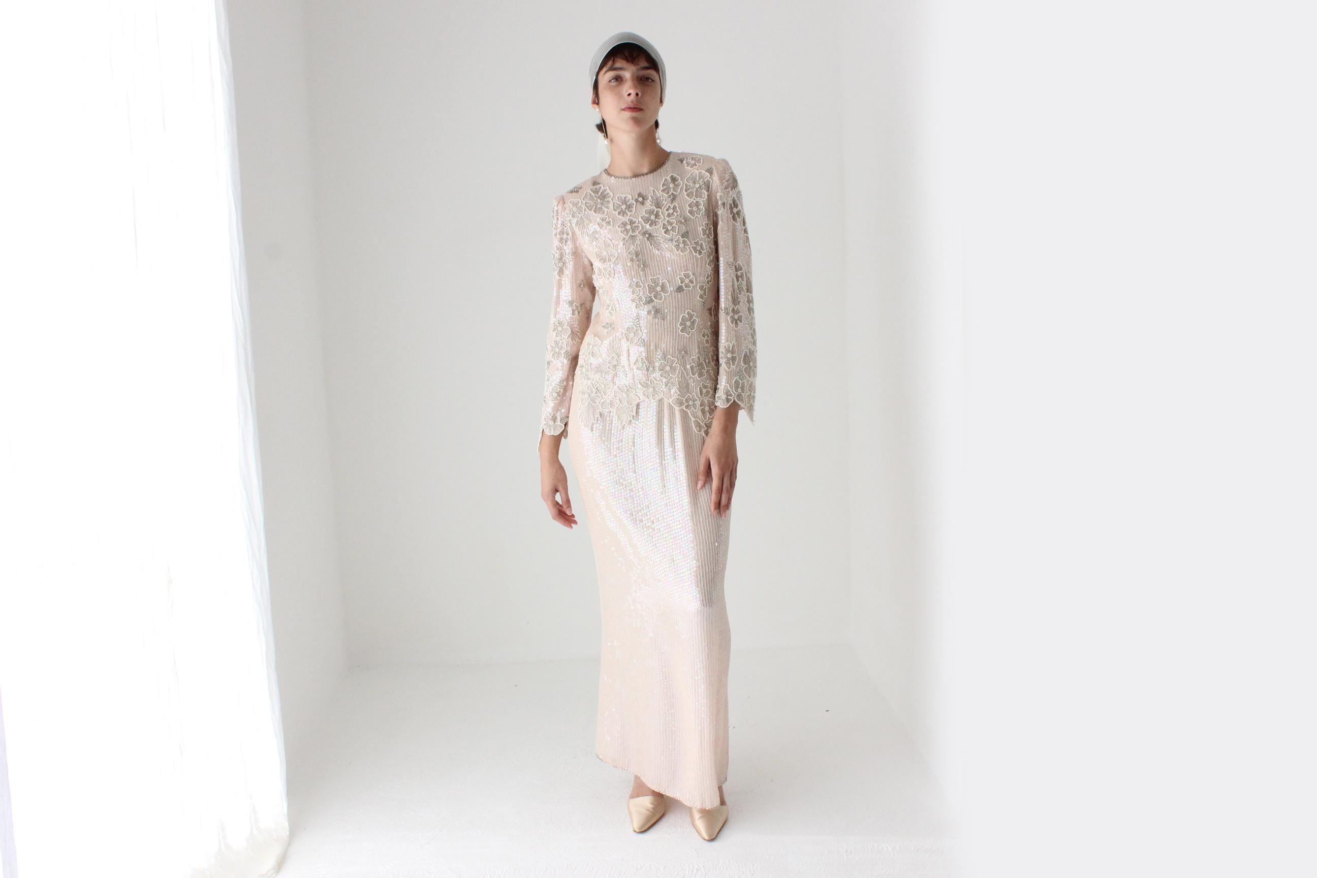 80s Pastel Sequin + Silk Long Sleeve Top & Maxi Skirt Disco Set
