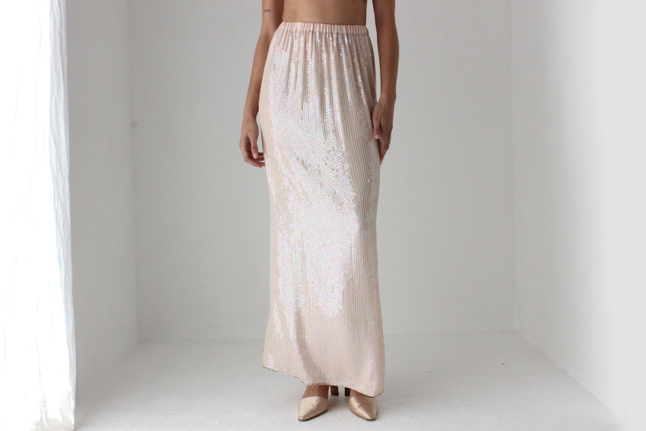 80s Pastel Sequin + Silk Long Sleeve Top & Maxi Skirt Disco Set