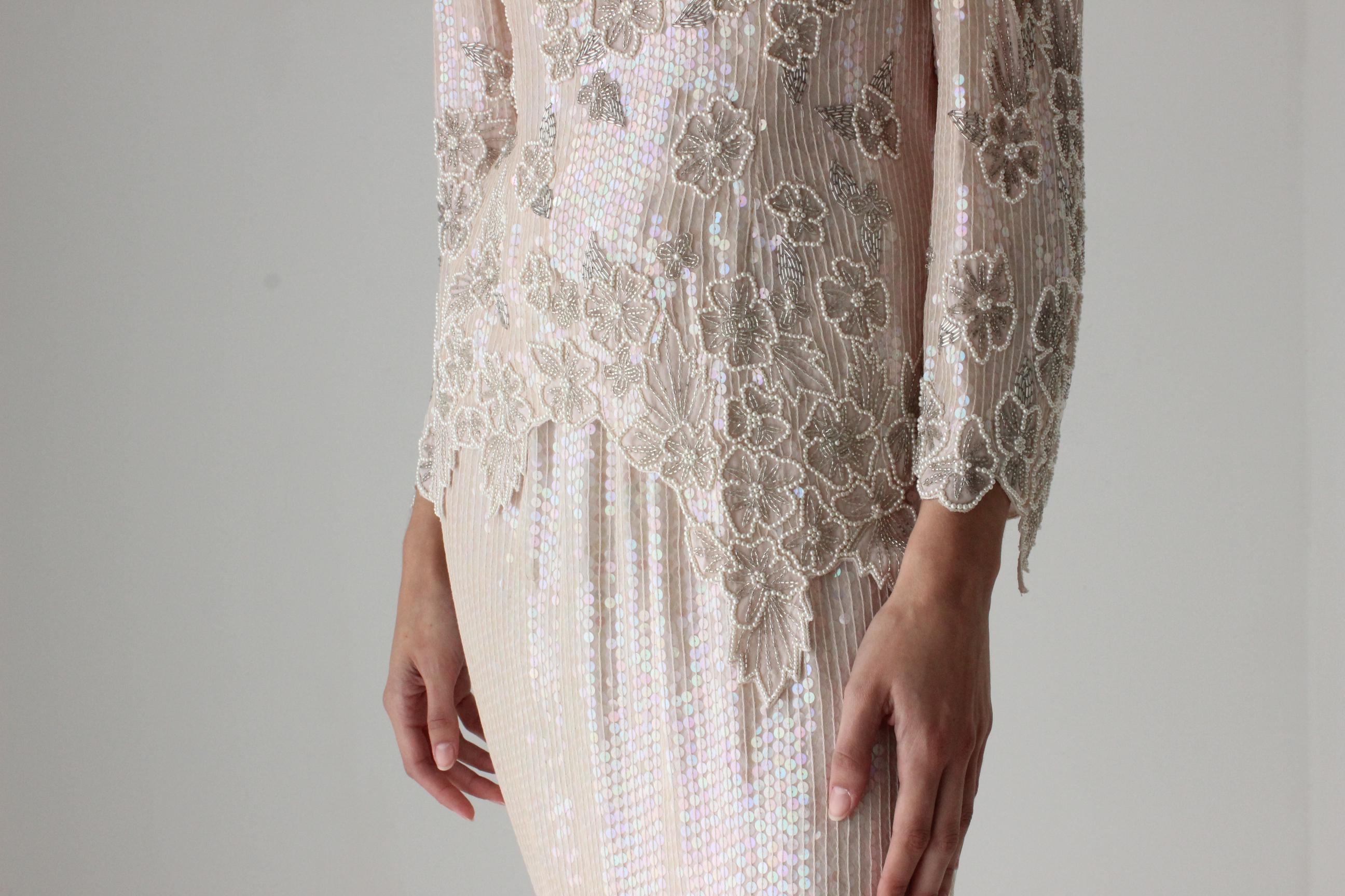 80s Pastel Sequin + Silk Long Sleeve Top & Maxi Skirt Disco Set