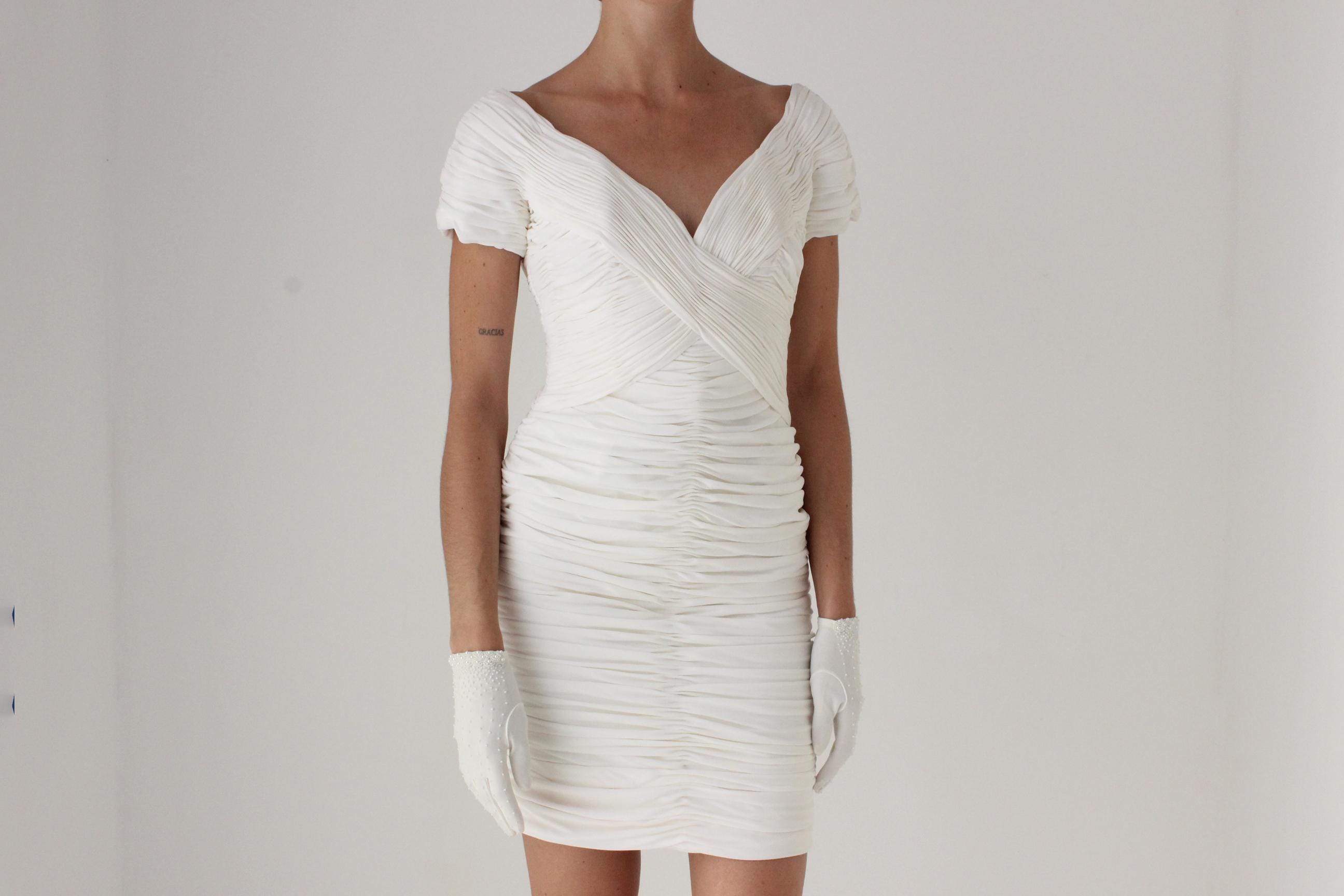 80s Vicky Tiel Couture (Paris) Textured / Gathered White Bridal Mini Dress