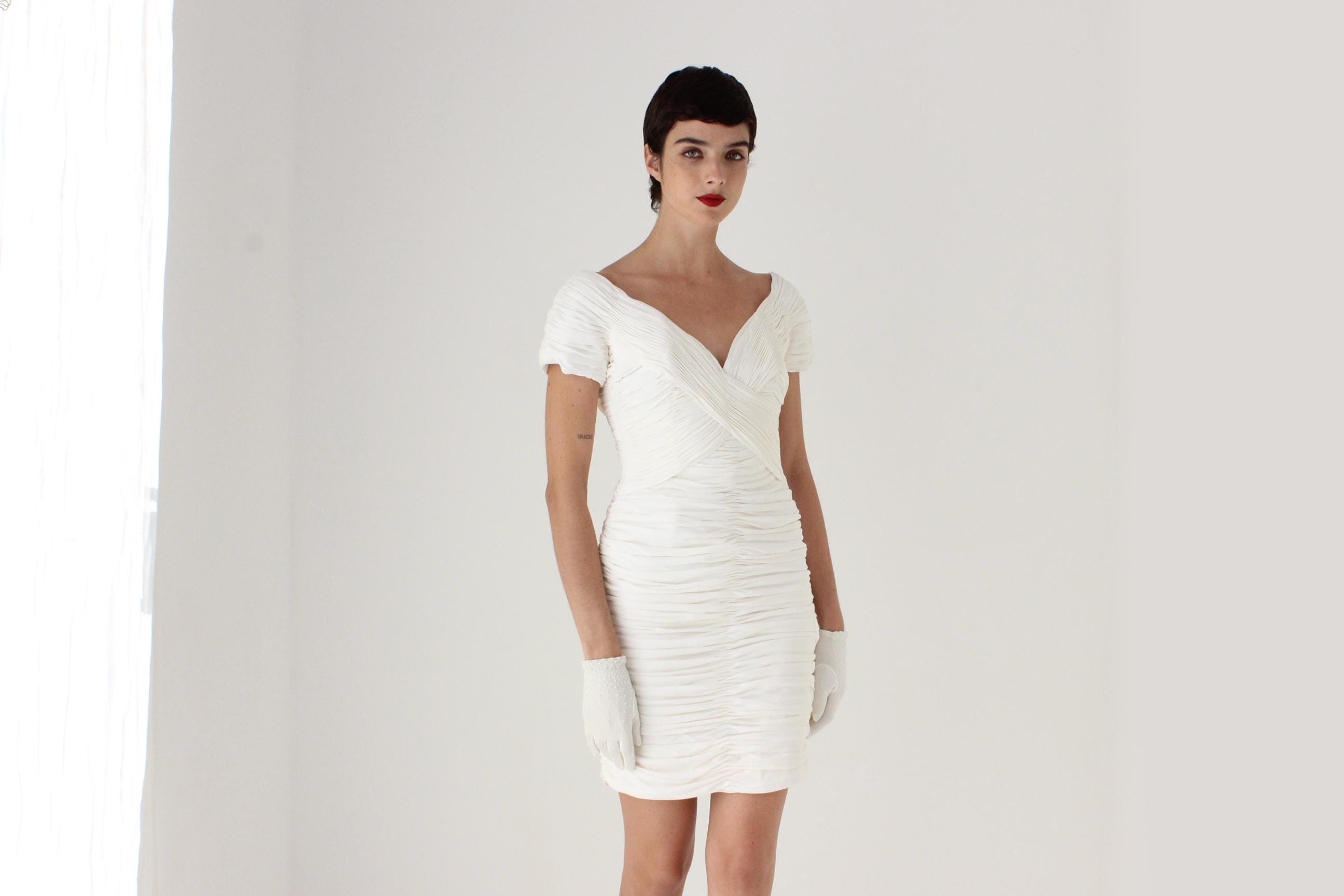 80s Vicky Tiel Couture (Paris) Textured / Gathered White Bridal Mini Dress
