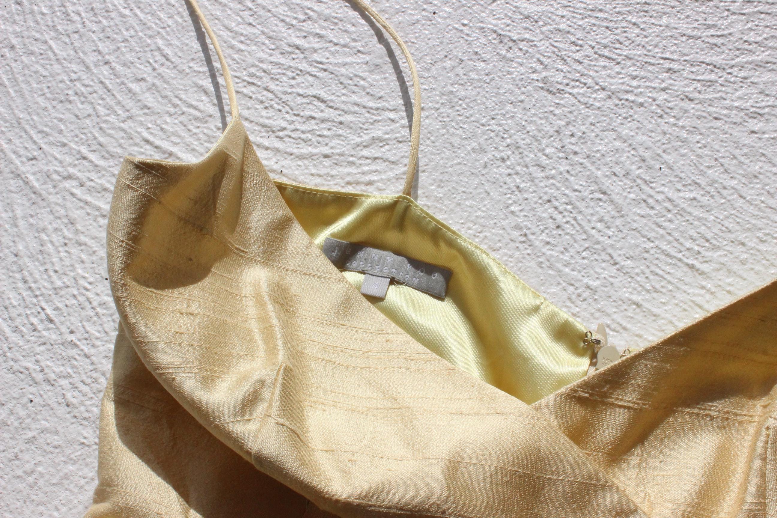2000s Jenny Yoo Raw Silk Yellow Spaghetti Strap Gown