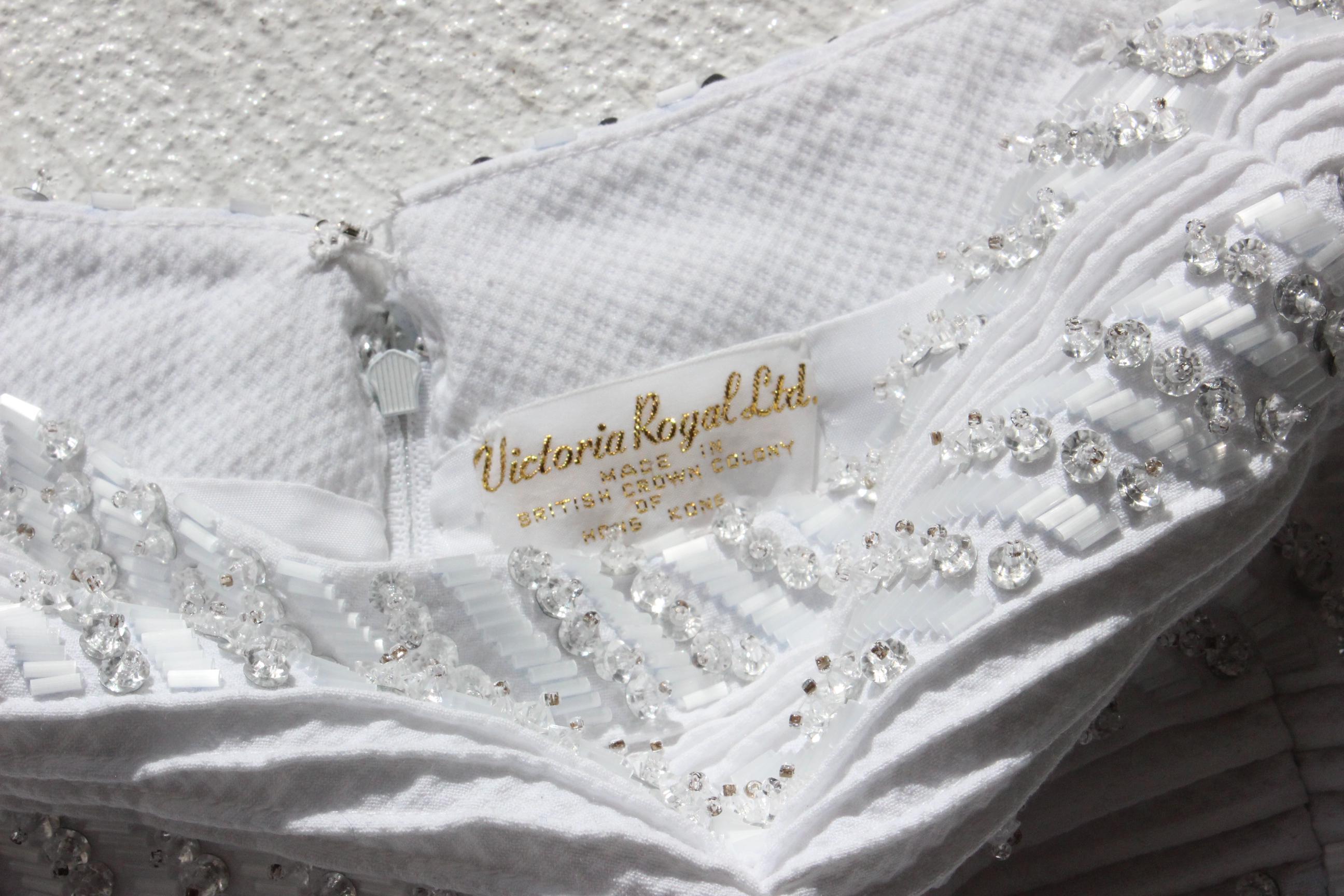 80s Victoria Royal Textured Cotton & Detailed Beading Drop Waist Strapless Cocktail Dress