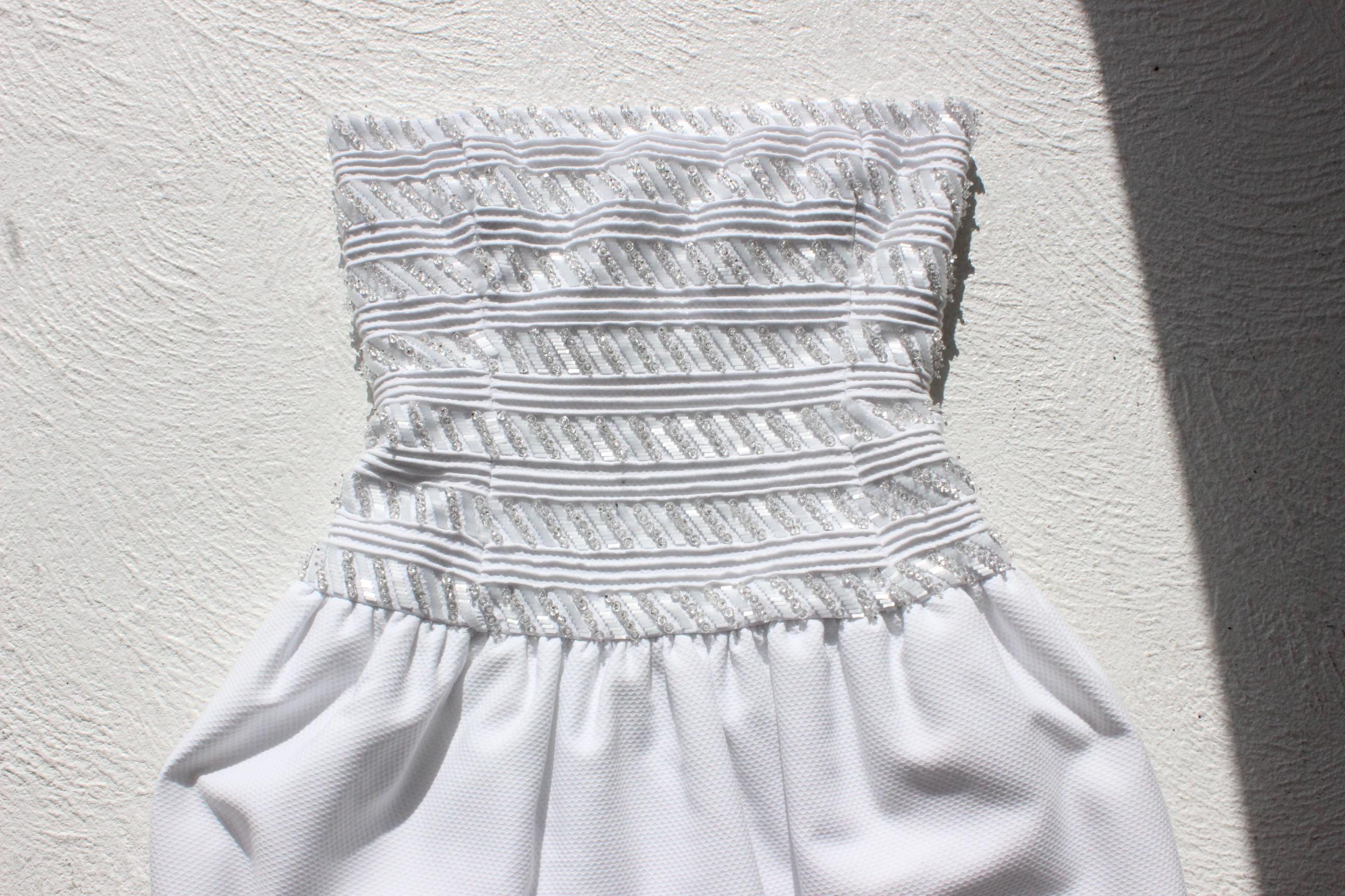 80s Victoria Royal Textured Cotton & Detailed Beading Drop Waist Strapless Cocktail Dress