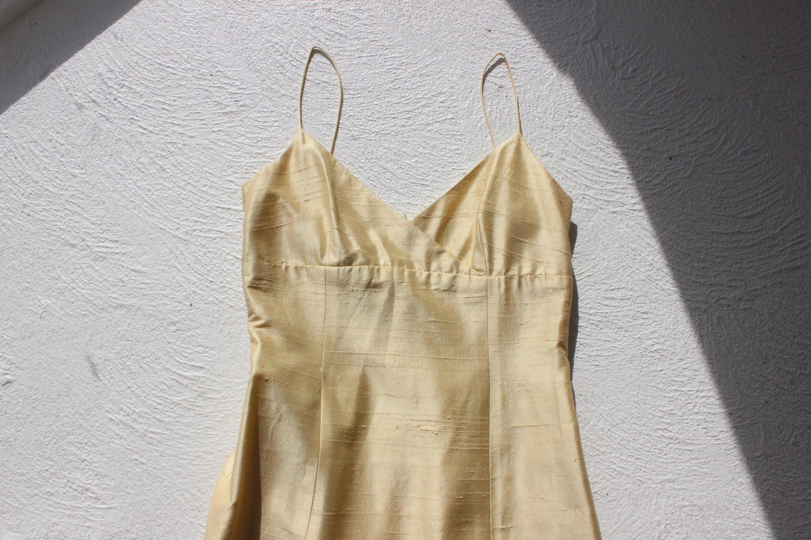 2000s Jenny Yoo Raw Silk Yellow Spaghetti Strap Gown