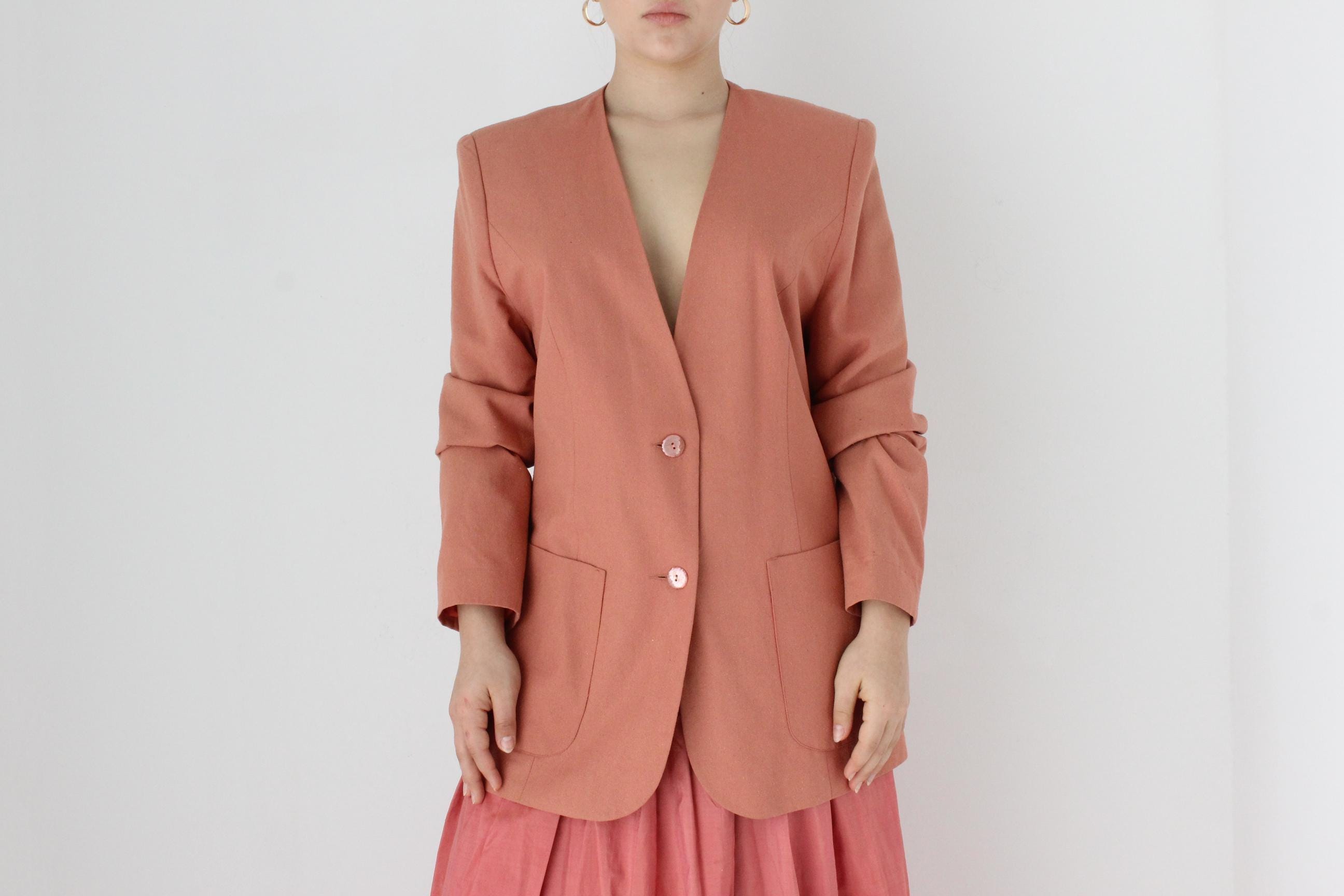 80s Woven Raw Silk Plunge Neck Blazer