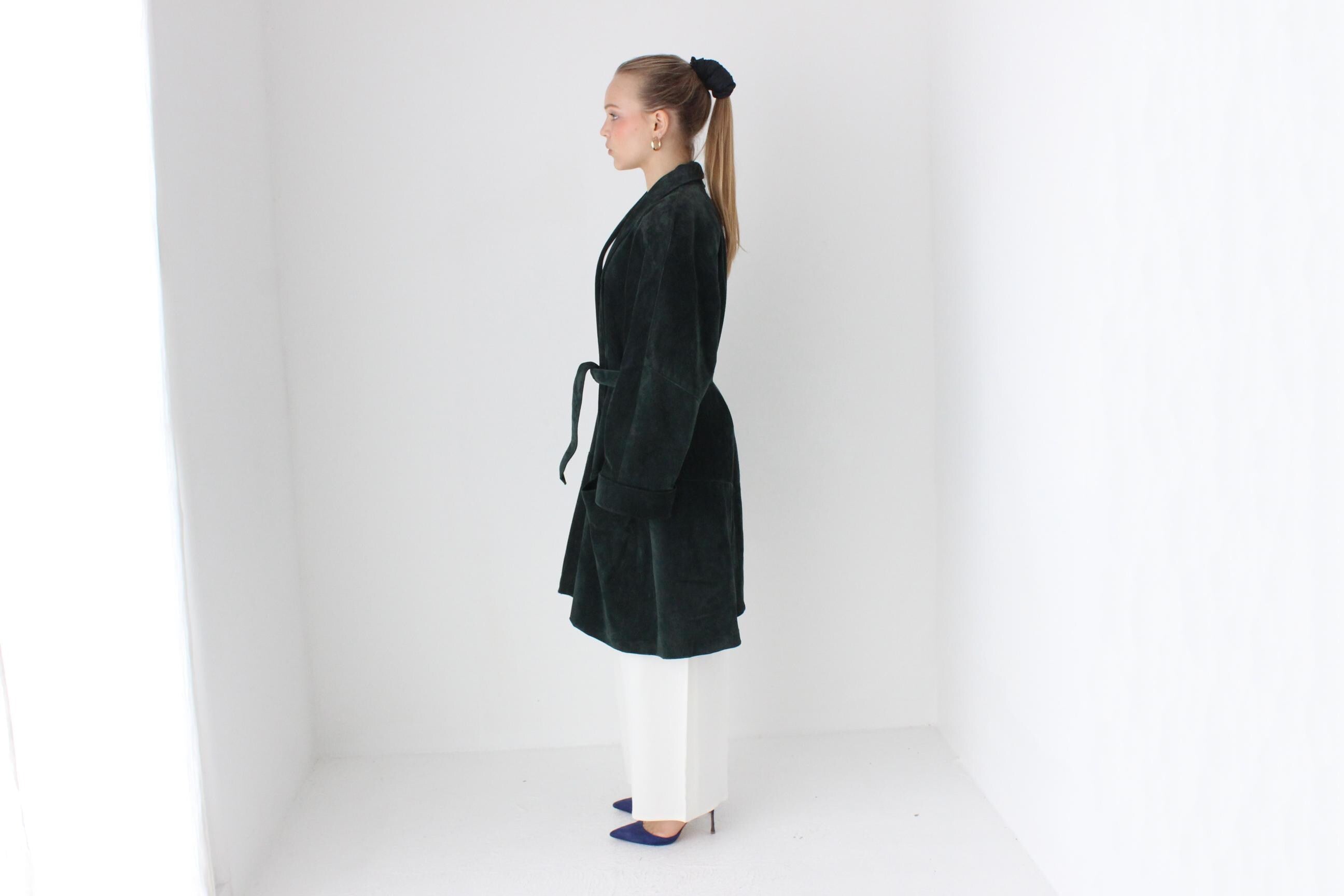 80s Forest Green Suede Shawl Collar Belted Trench