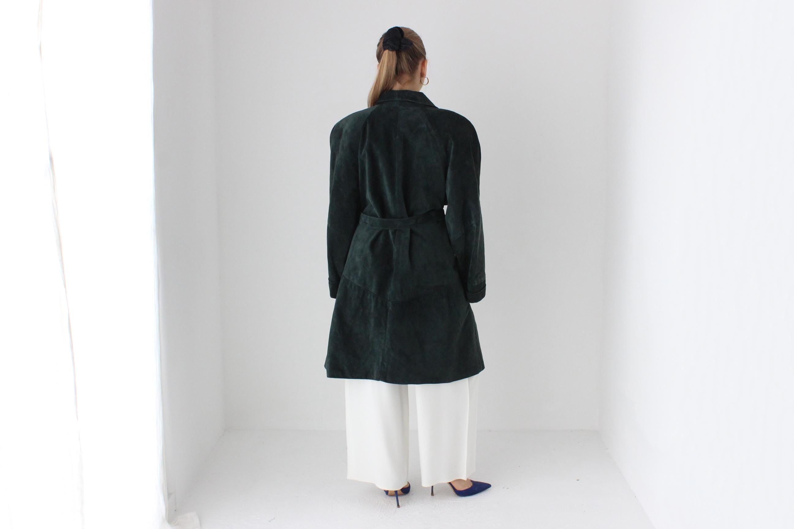 80s Forest Green Suede Shawl Collar Belted Trench