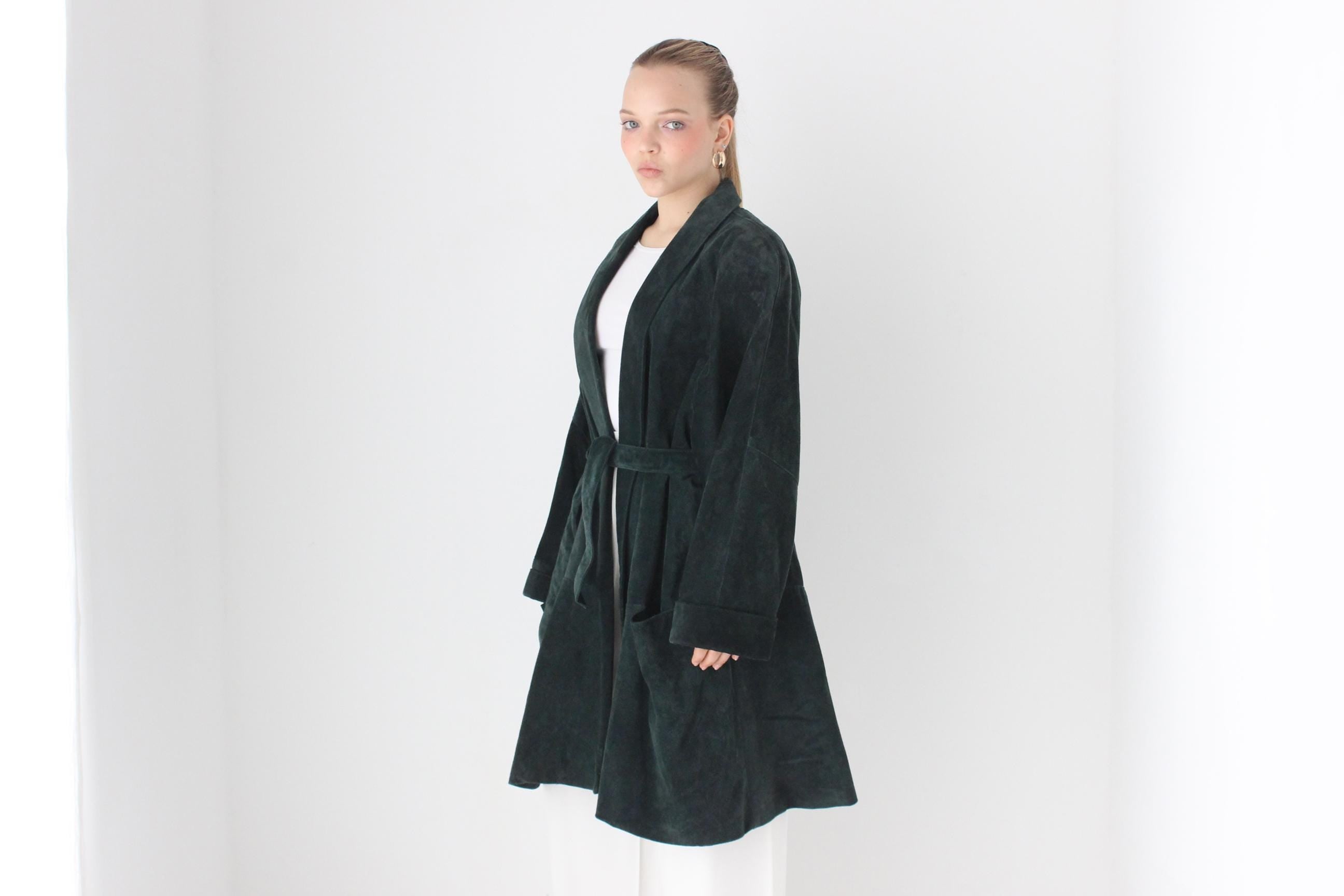 80s Forest Green Suede Shawl Collar Belted Trench
