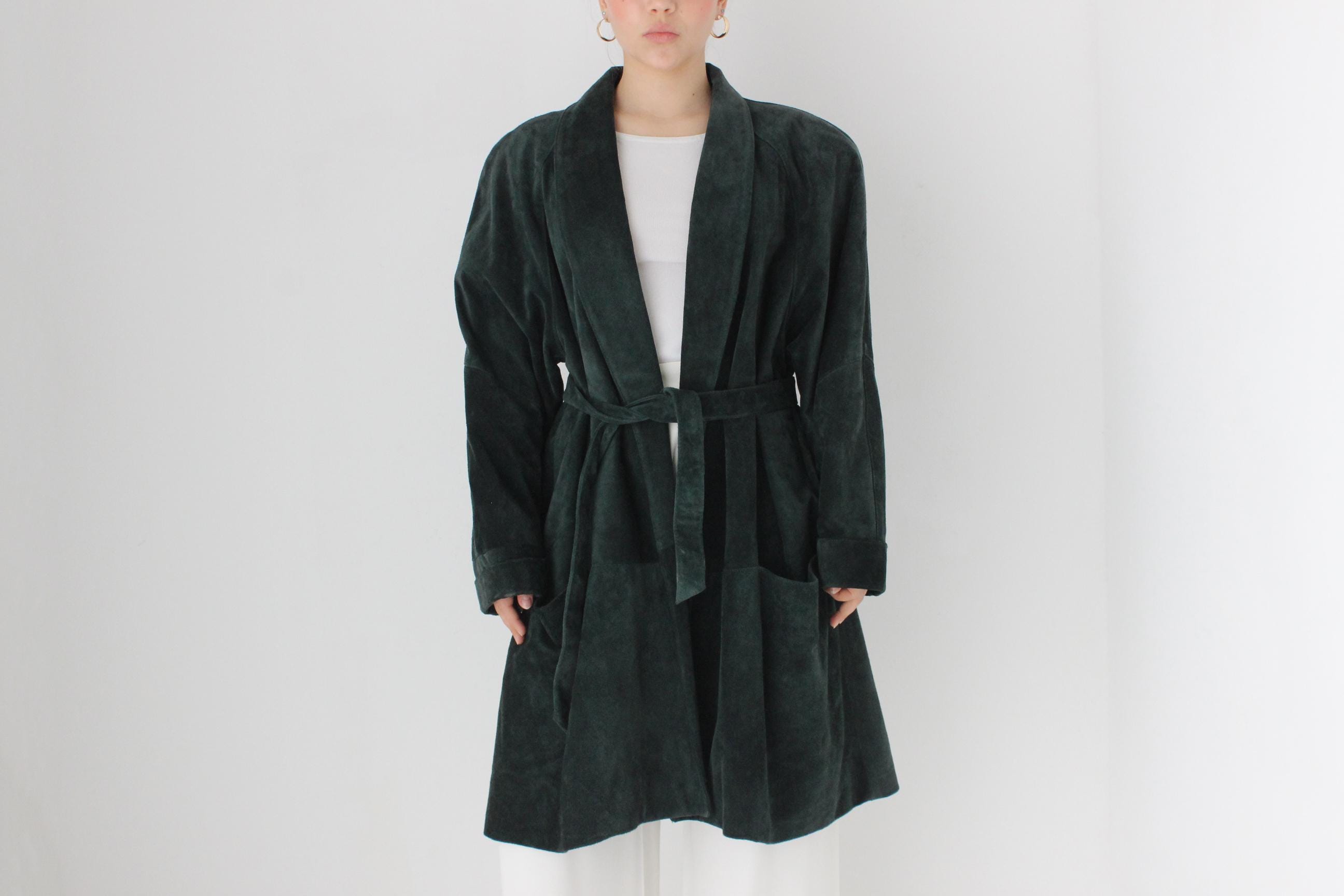 80s Forest Green Suede Shawl Collar Belted Trench