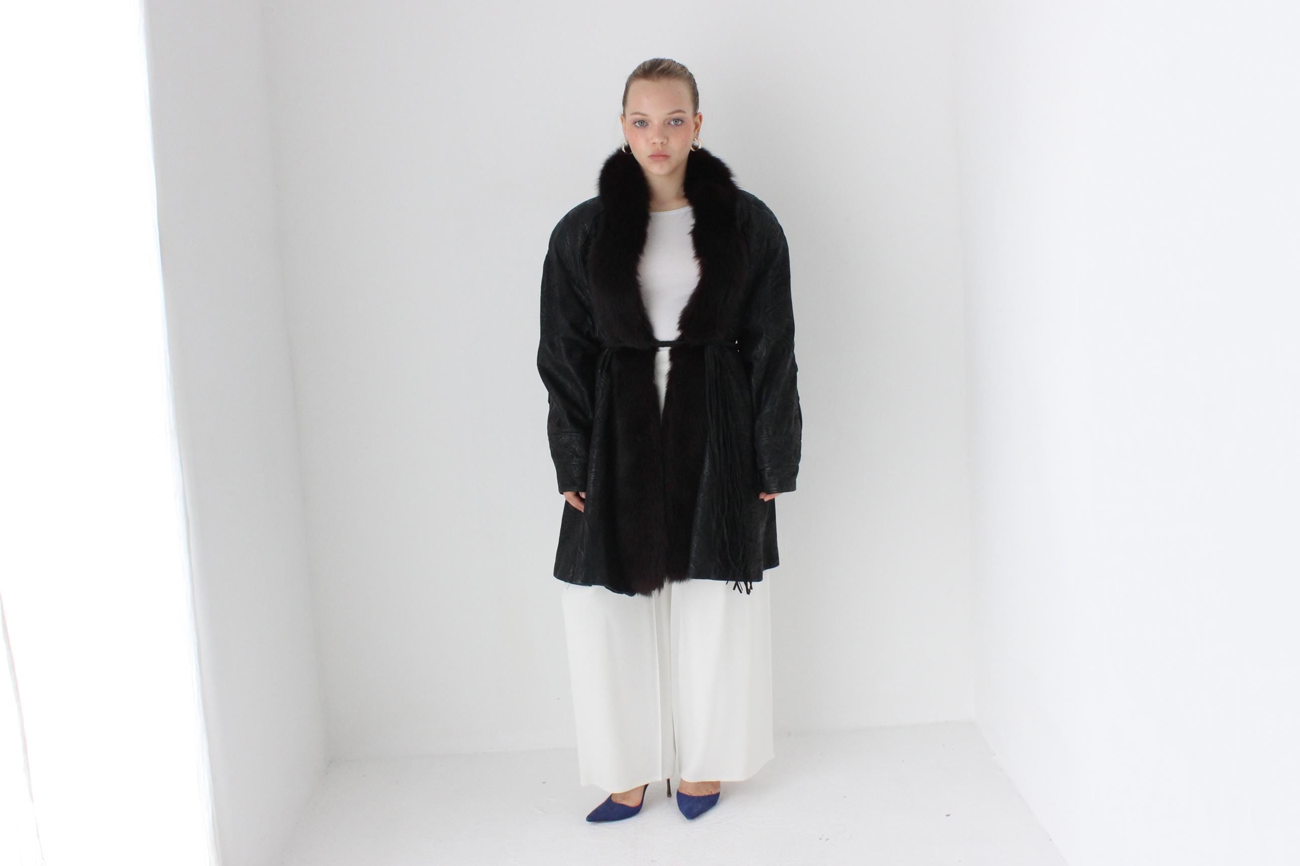 DIVINE 80s Embossed Leather + Fox Fur Collar Coat by Marvin Richards
