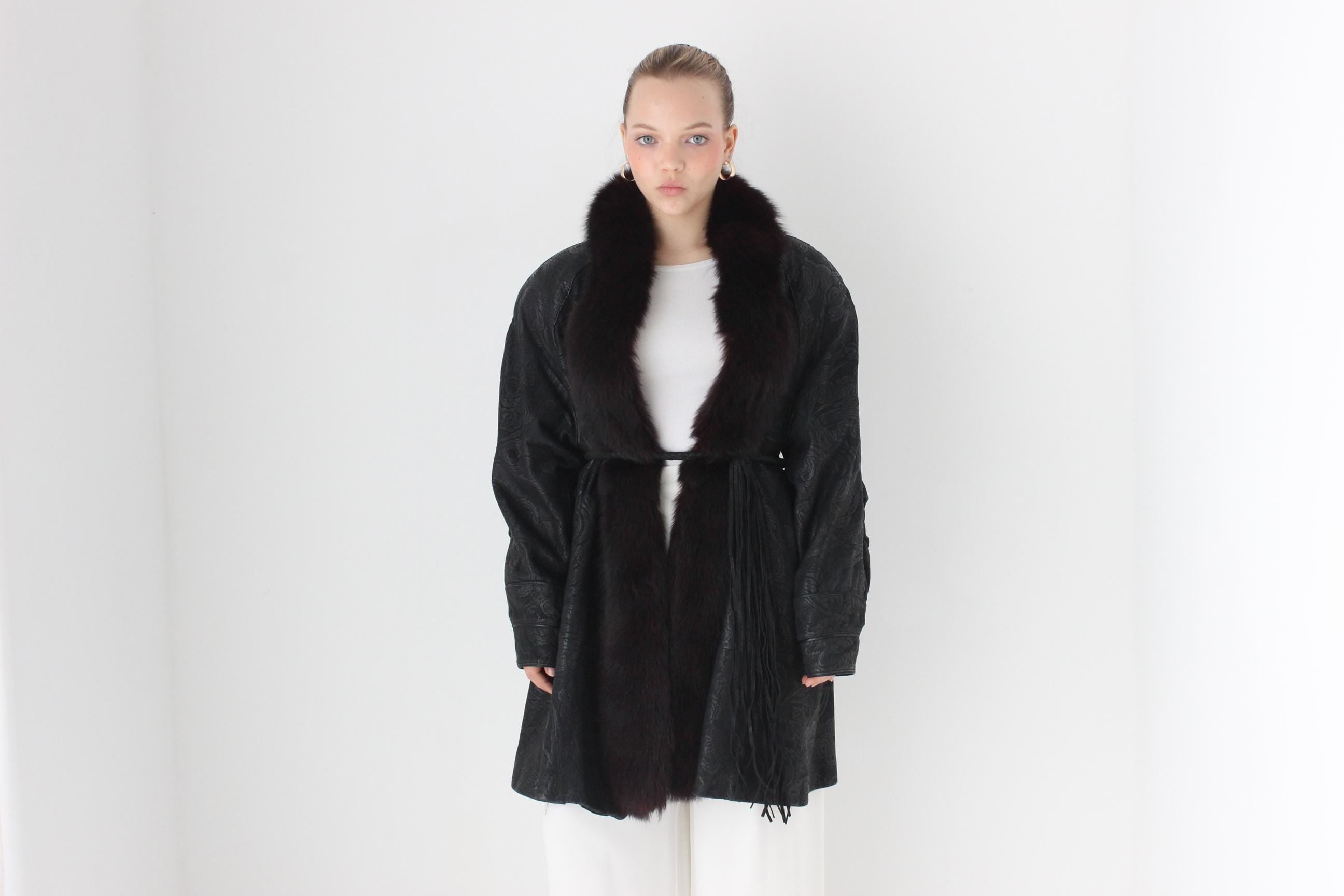 DIVINE 80s Embossed Leather + Fox Fur Collar Coat by Marvin Richards