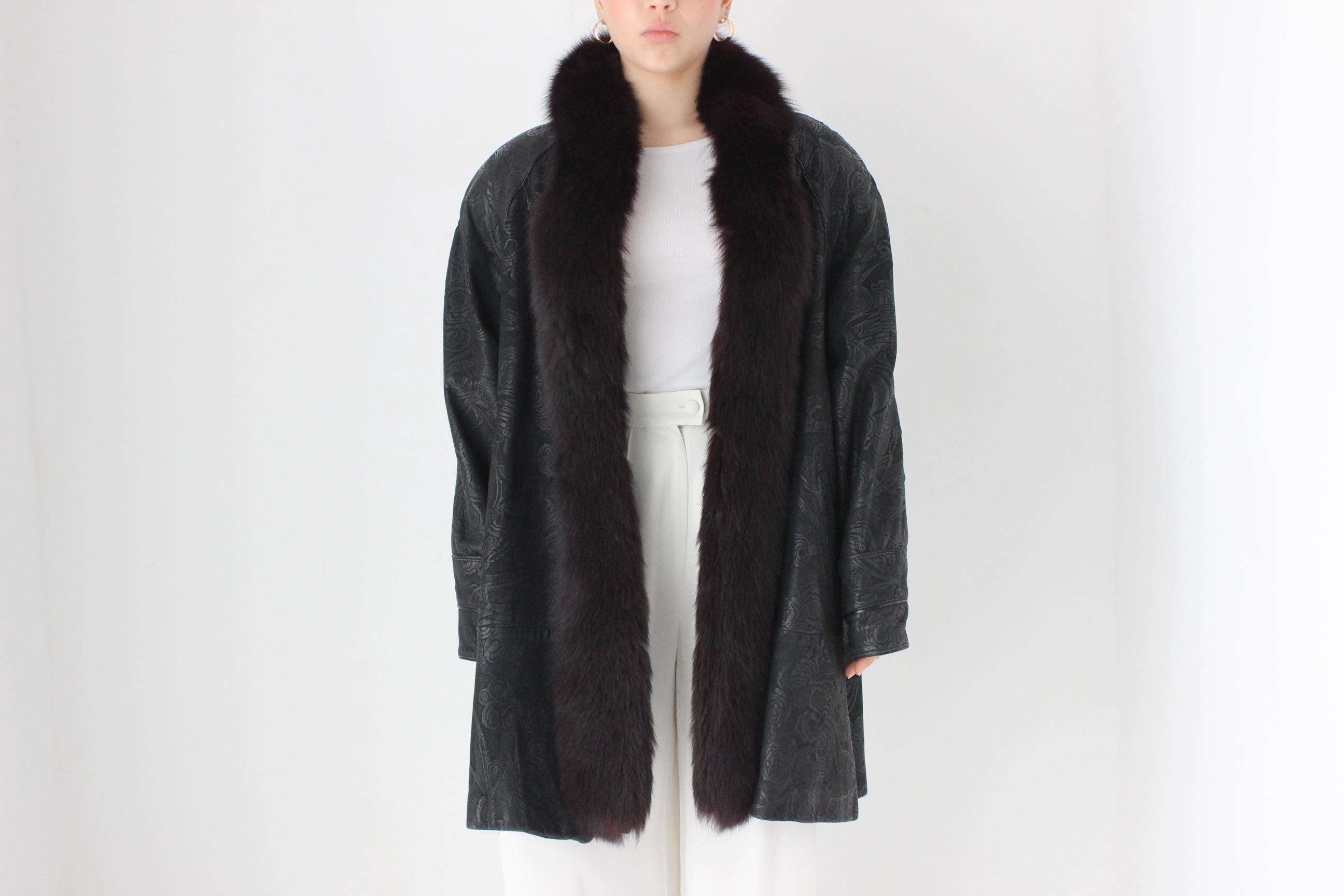 DIVINE 80s Embossed Leather + Fox Fur Collar Coat by Marvin Richards