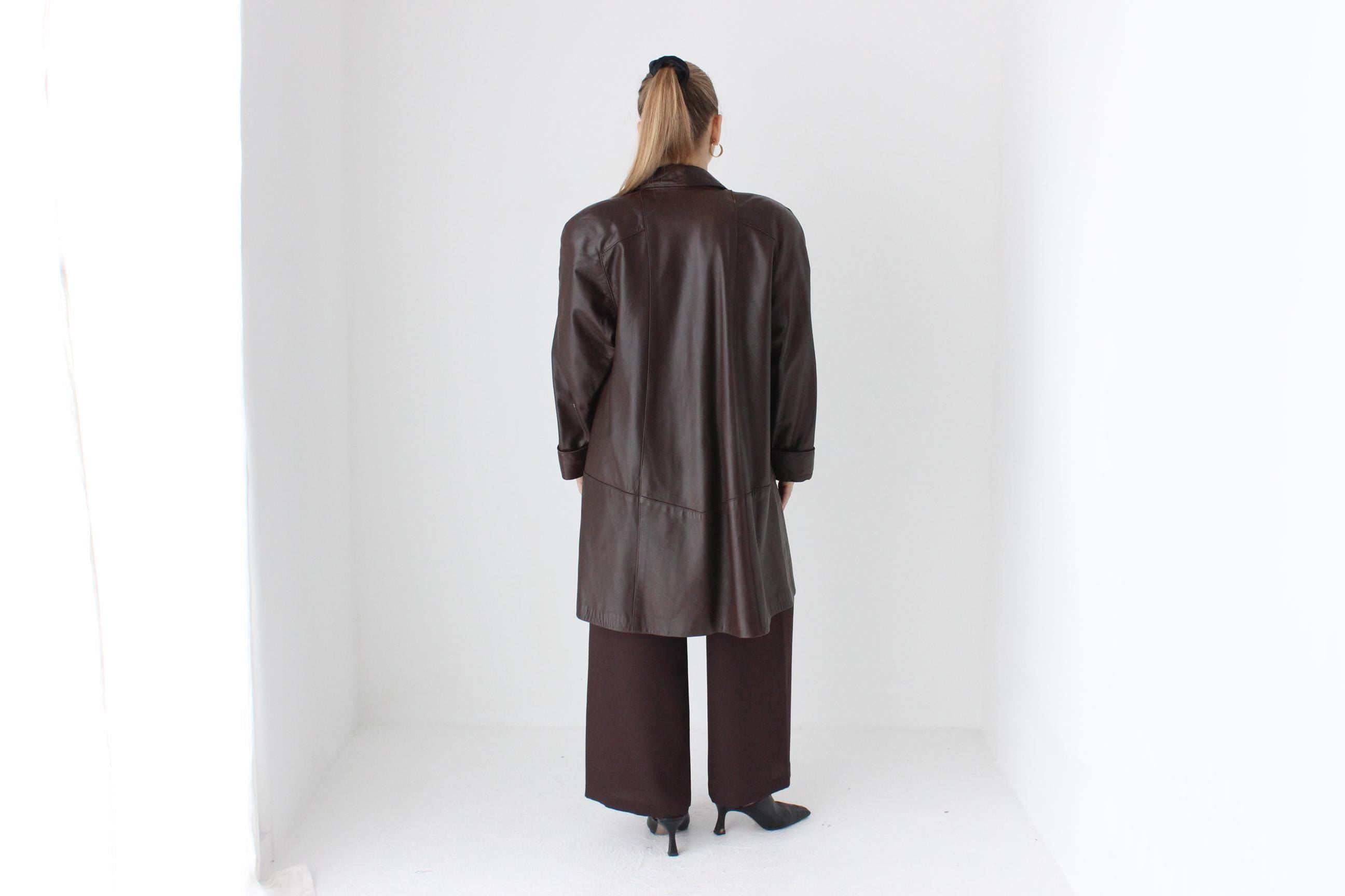 Buttery 80s Chocolate Leather Swing Coat by Maxima