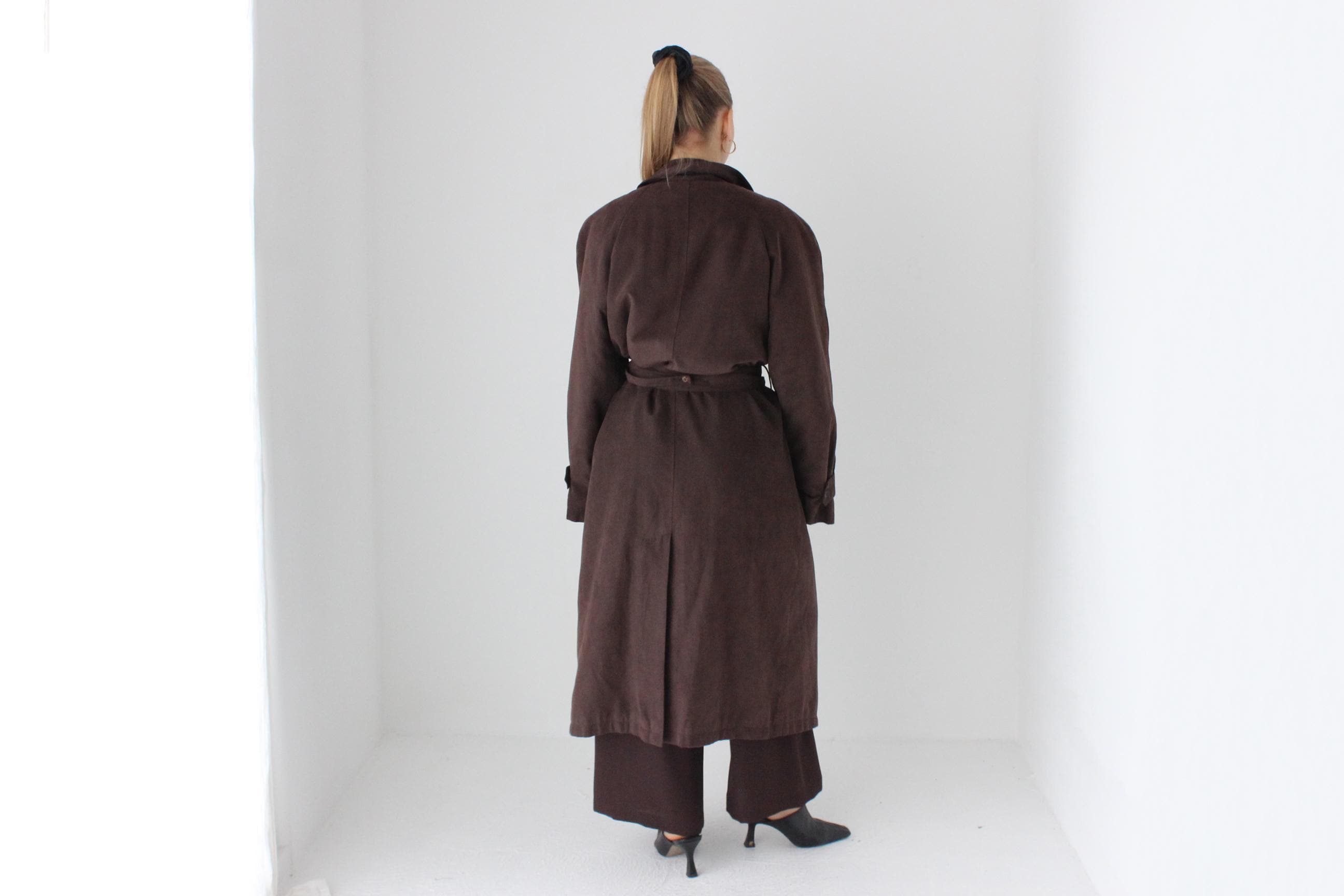 90s Bill Blass Chocolate Microsuede Belted Trench