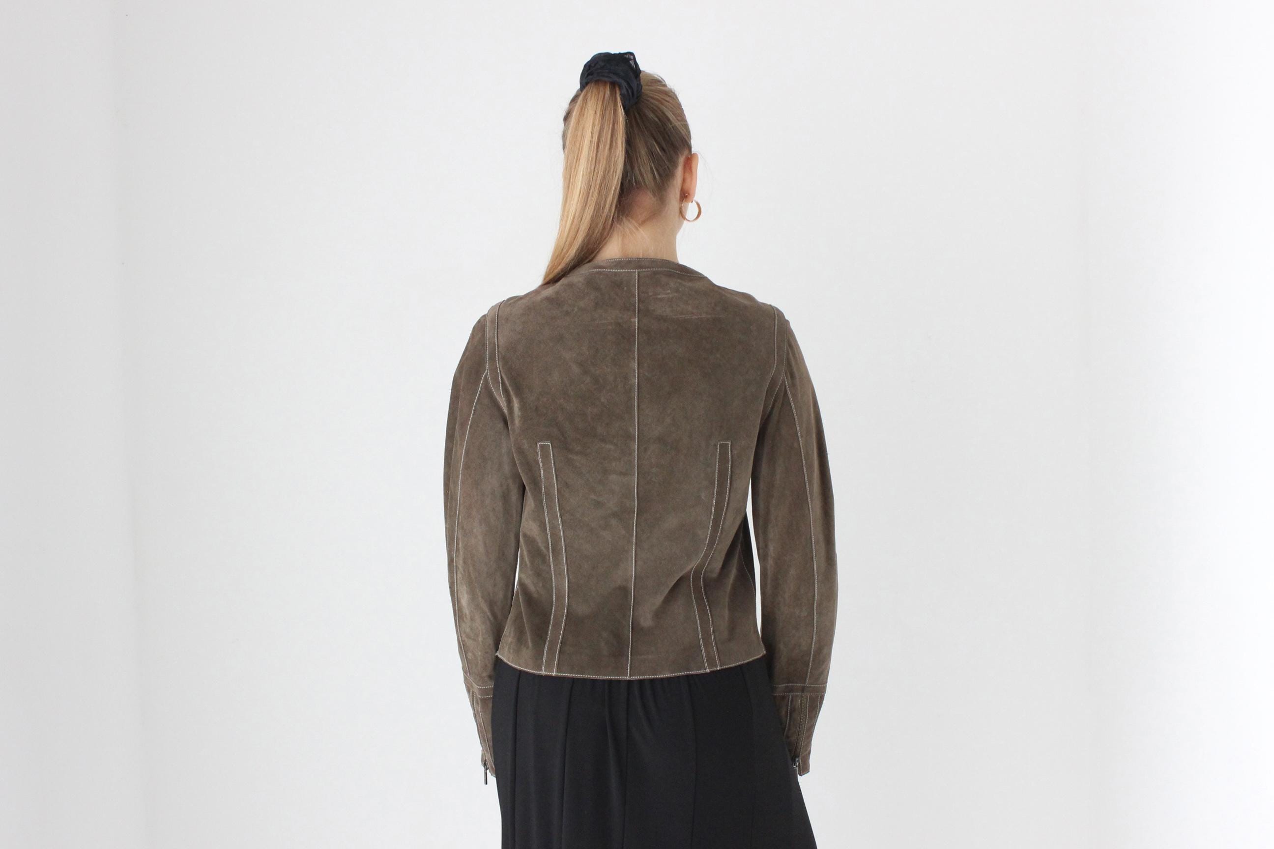 Y2K Italian Suede Minimal Zip Front Collarless Leather Jacket by Joseph