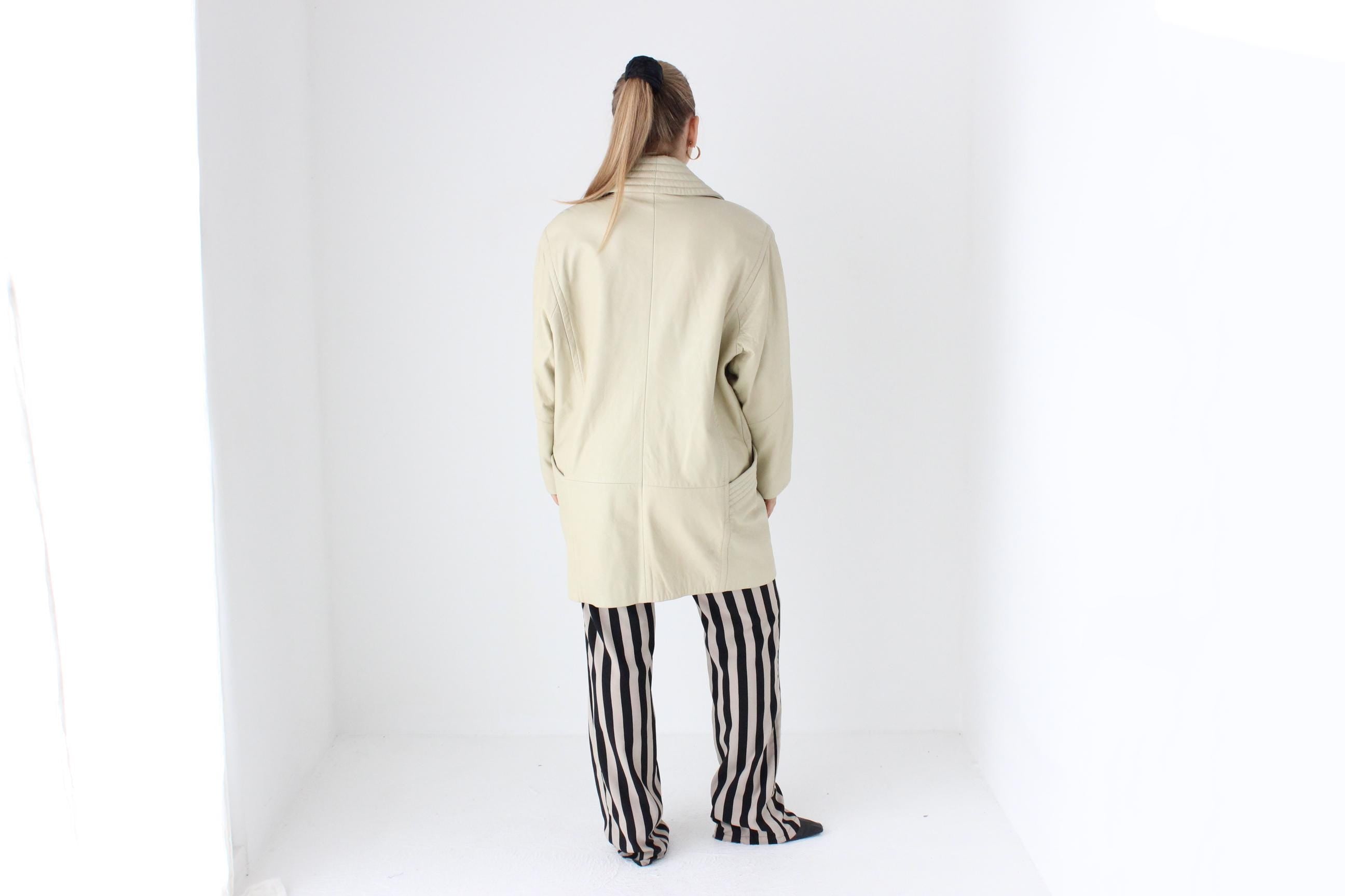Chic 80s Leather Quilted Shawl Collar Ecru Coat by Maxima