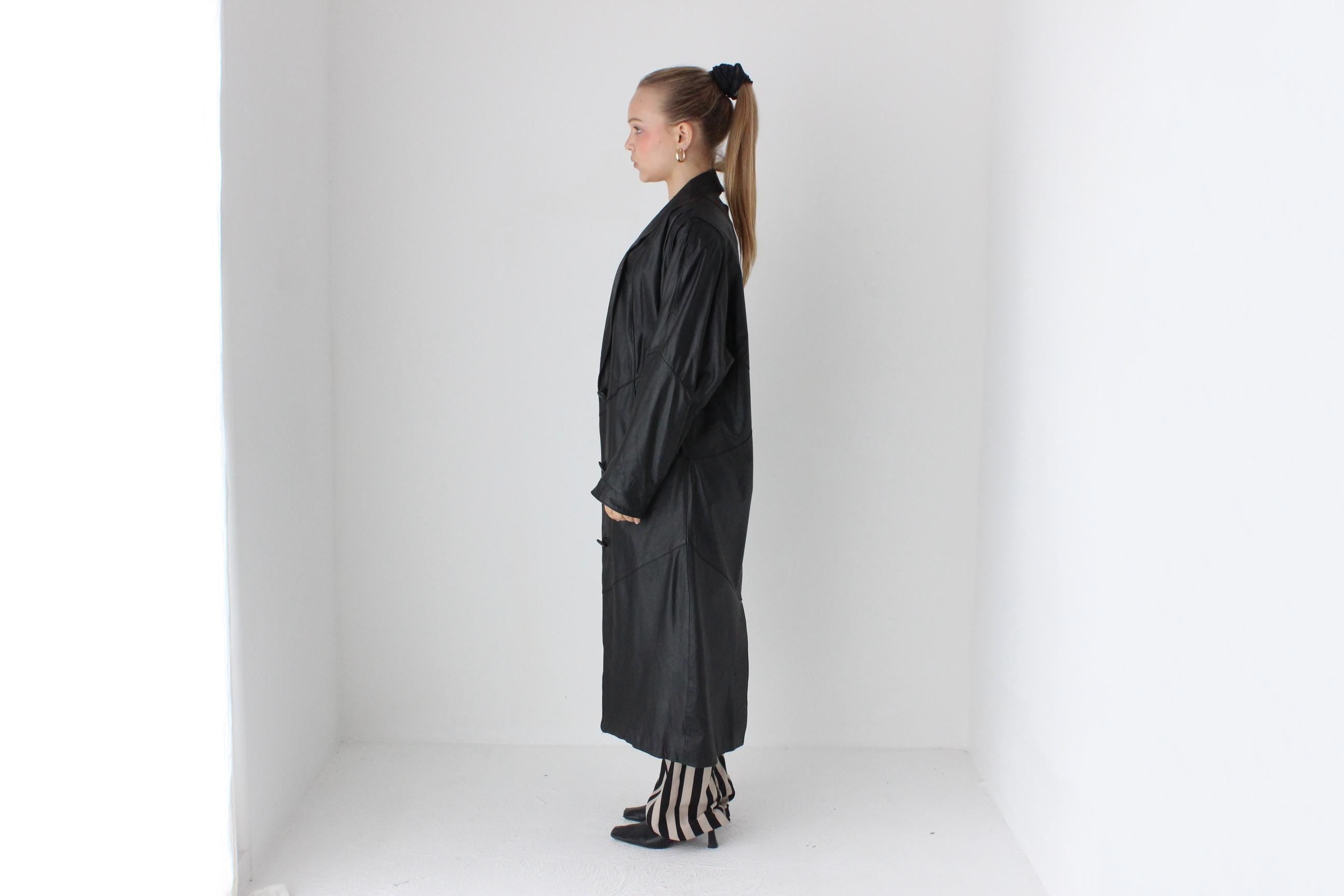 80s Minimal Black Leather Button Up Trench by Avanti