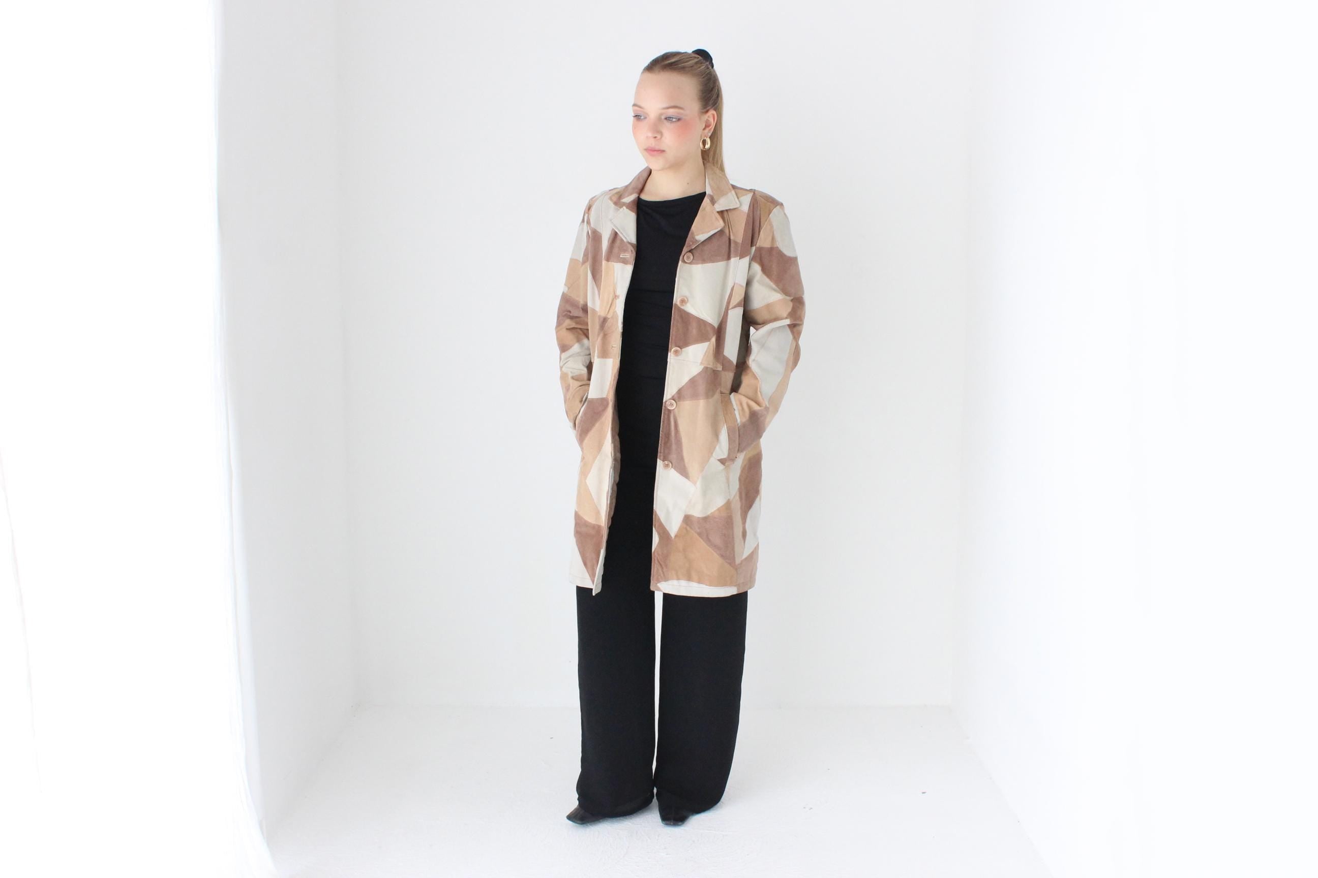 90s Patchwork Suede Caramel Button Coat