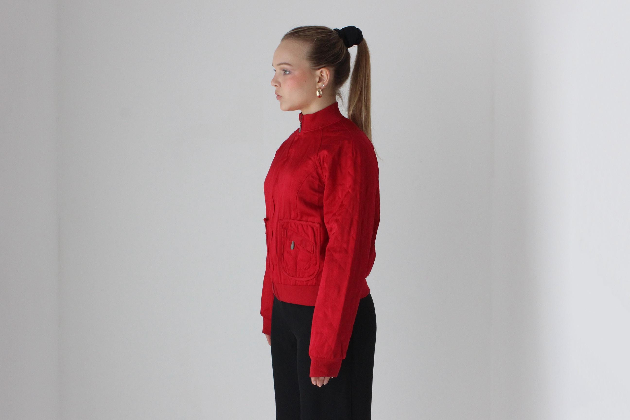 80s Bill Blass Red Satin Quilted Bomber