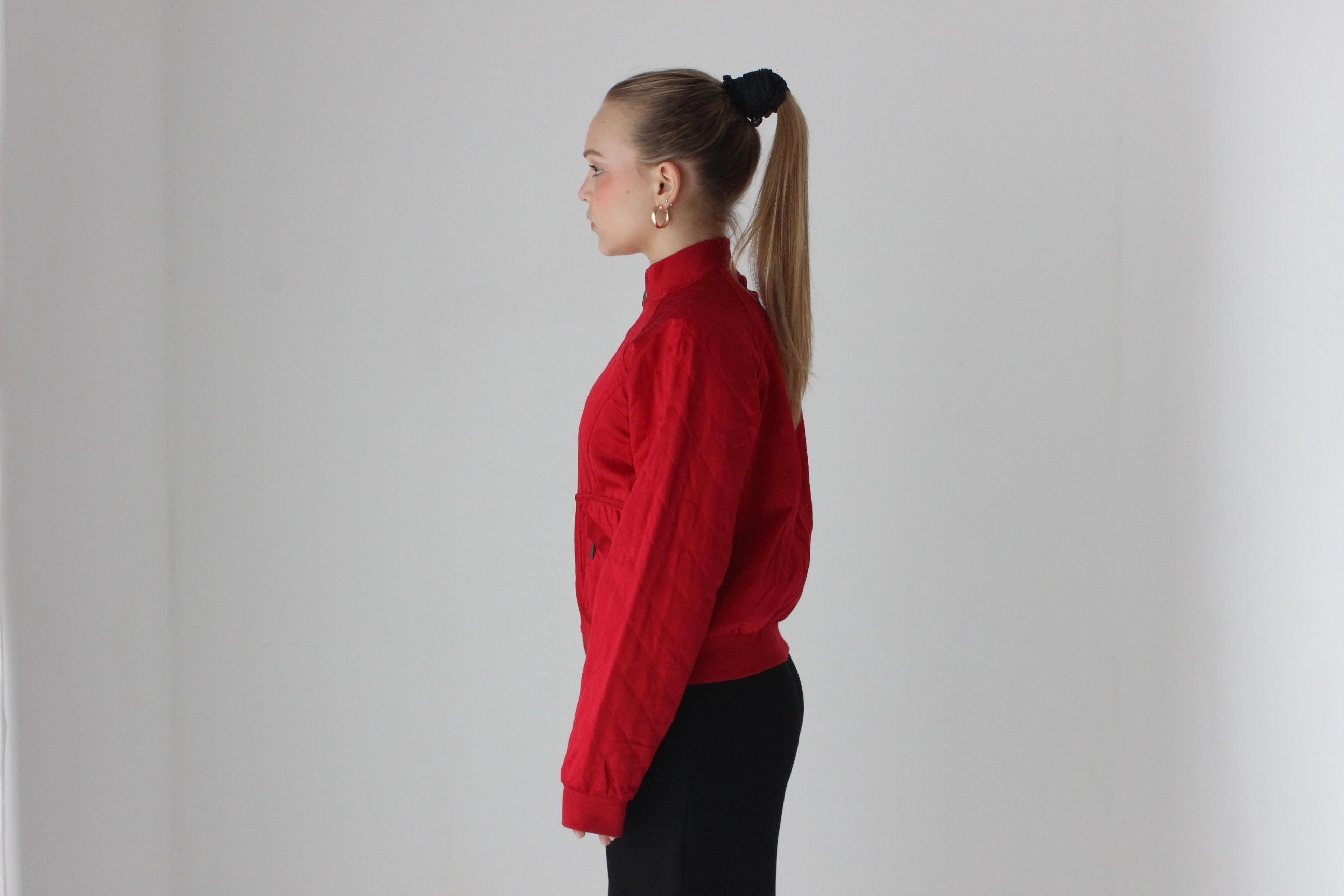80s Bill Blass Red Satin Quilted Bomber