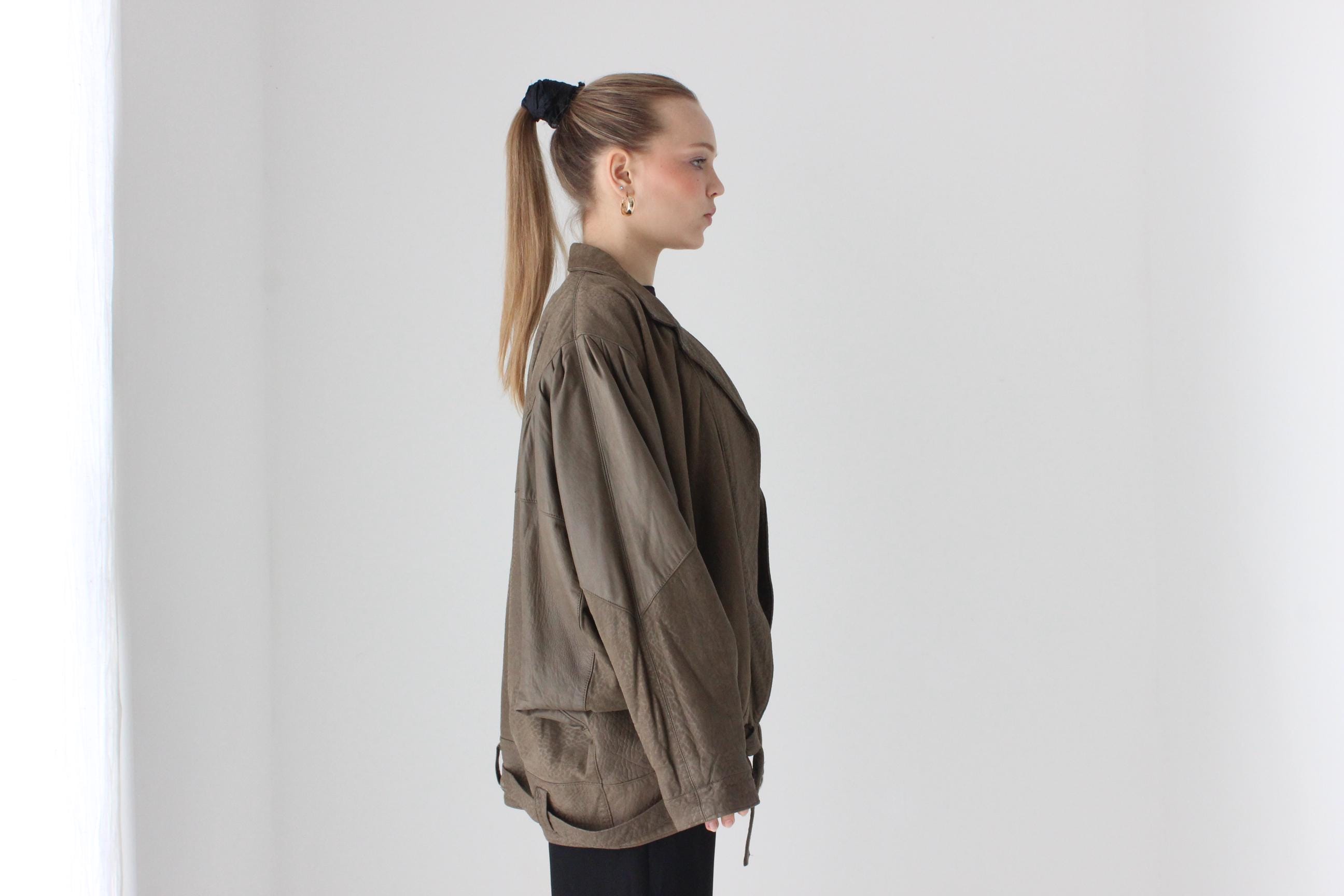 80s Softest Olive Leather Batwing Bomber