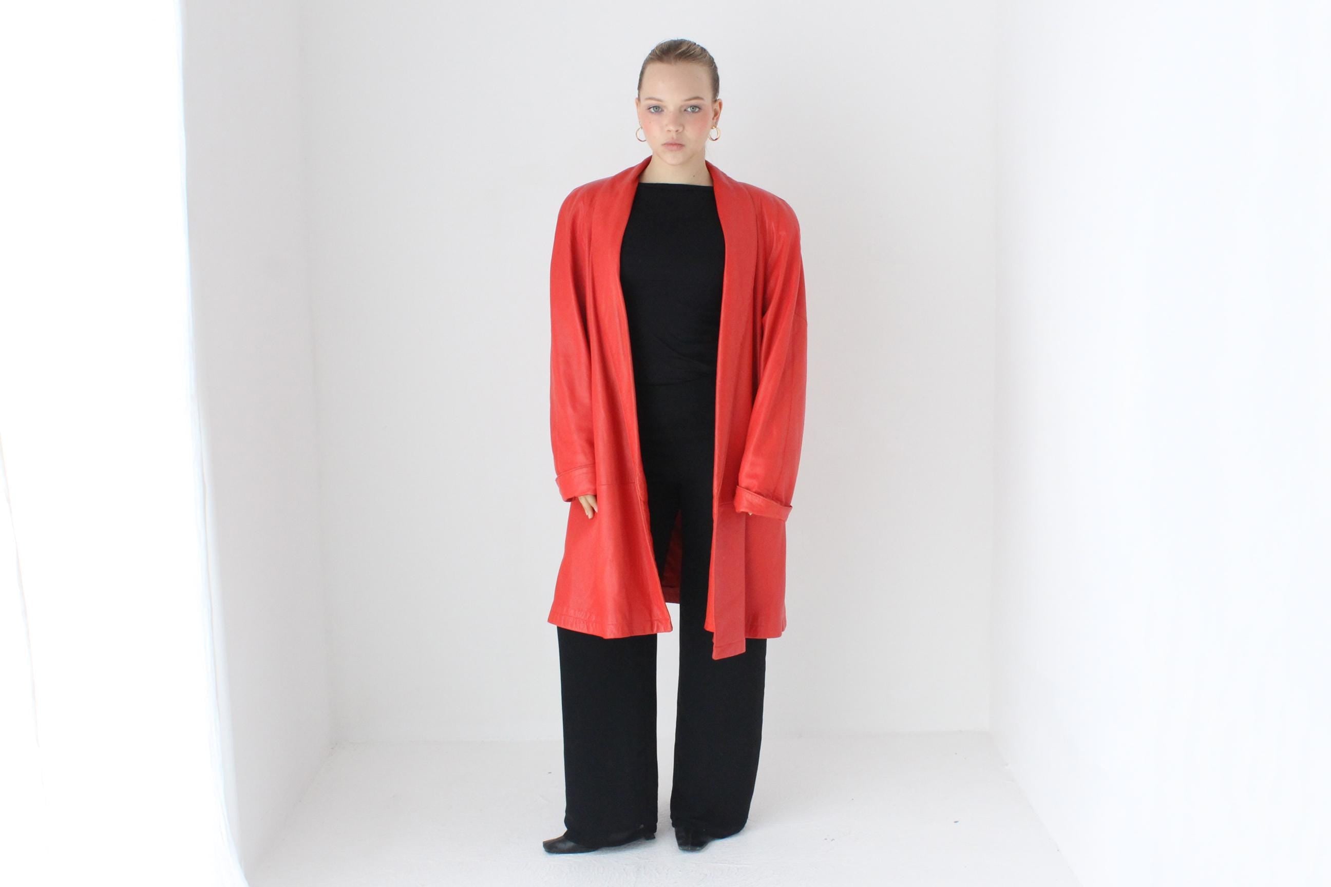 Buttery 80s Coral Red Leather Shawl Collar Swing Coat by Vakko