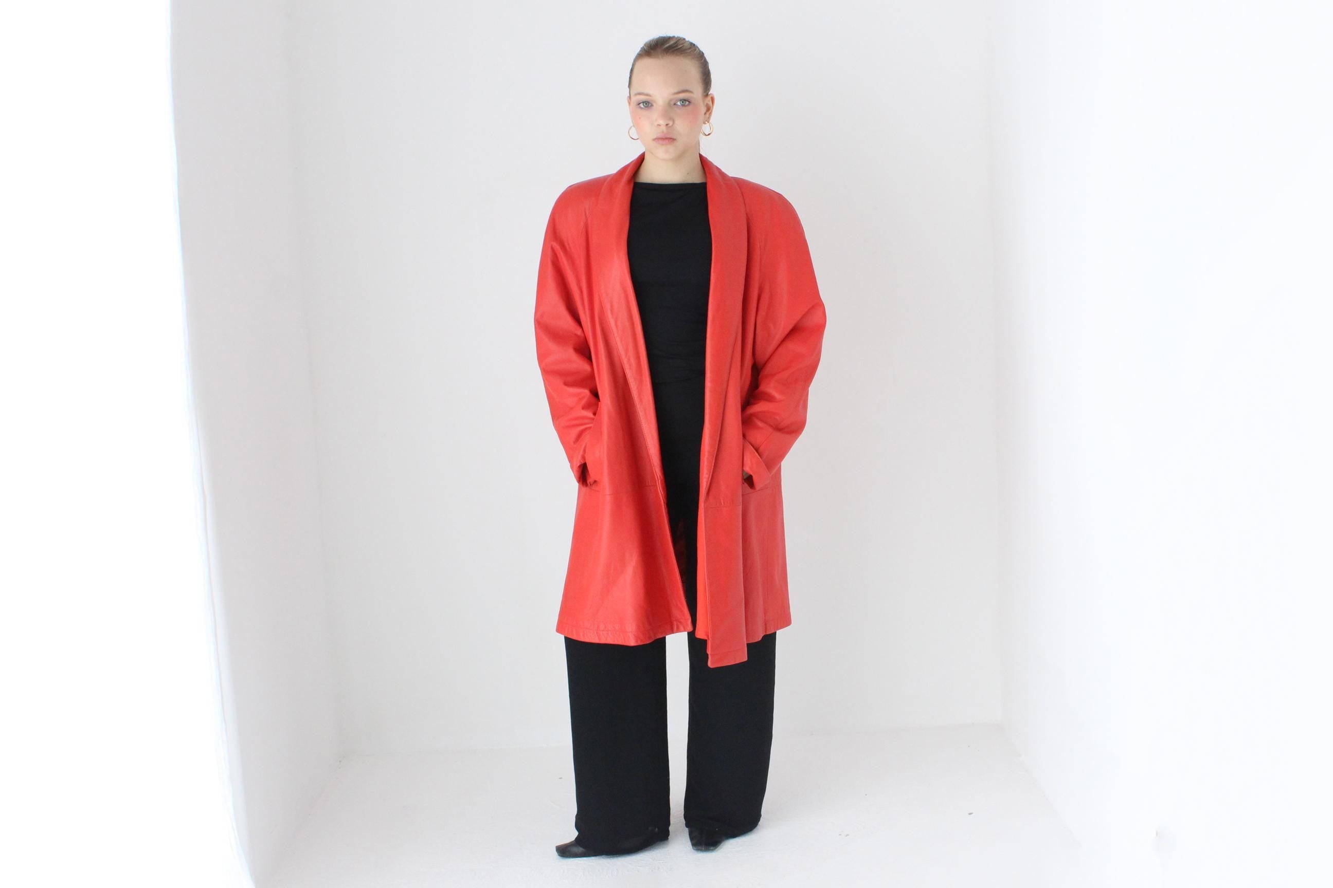 Buttery 80s Coral Red Leather Shawl Collar Swing Coat by Vakko