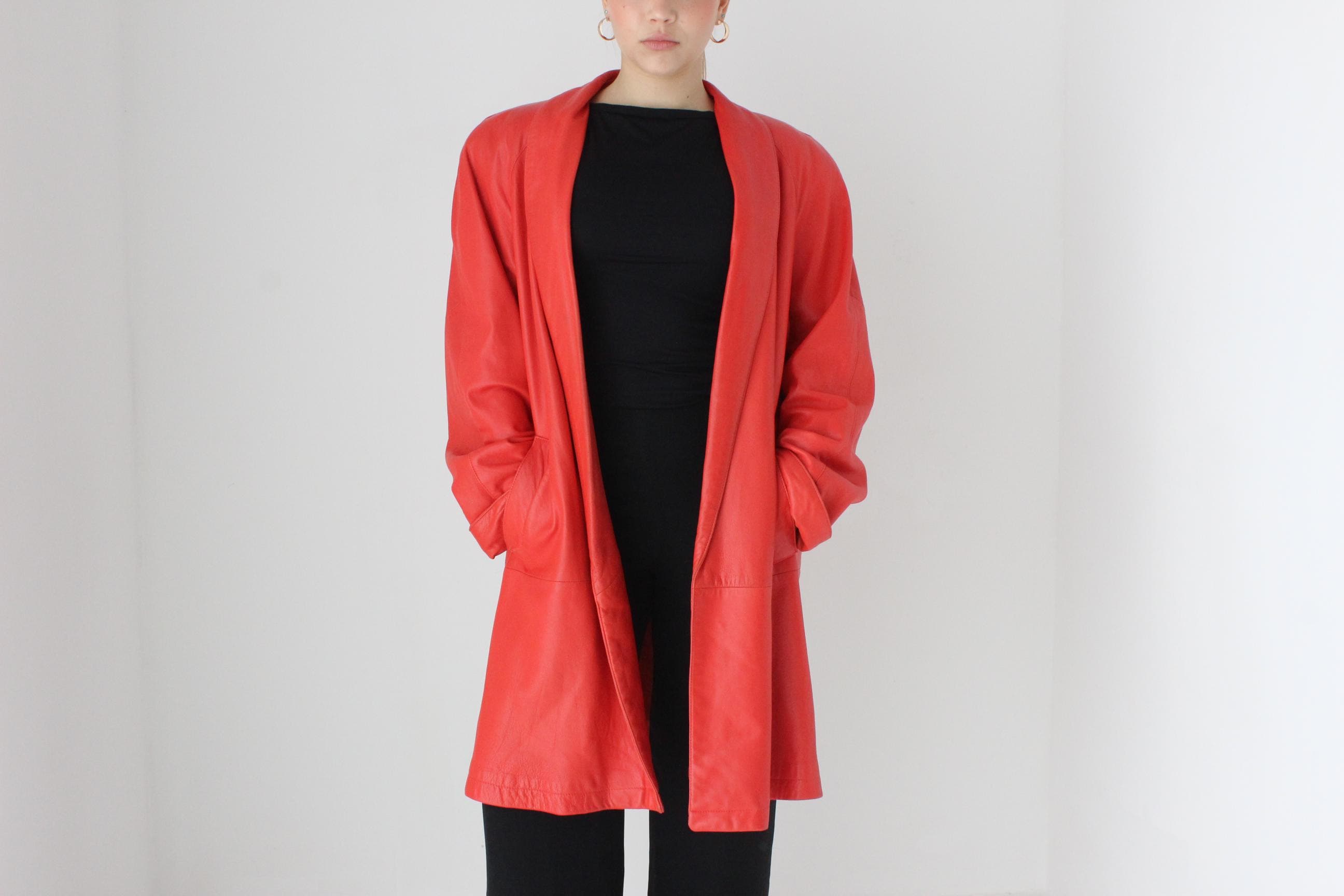 Buttery 80s Coral Red Leather Shawl Collar Swing Coat by Vakko