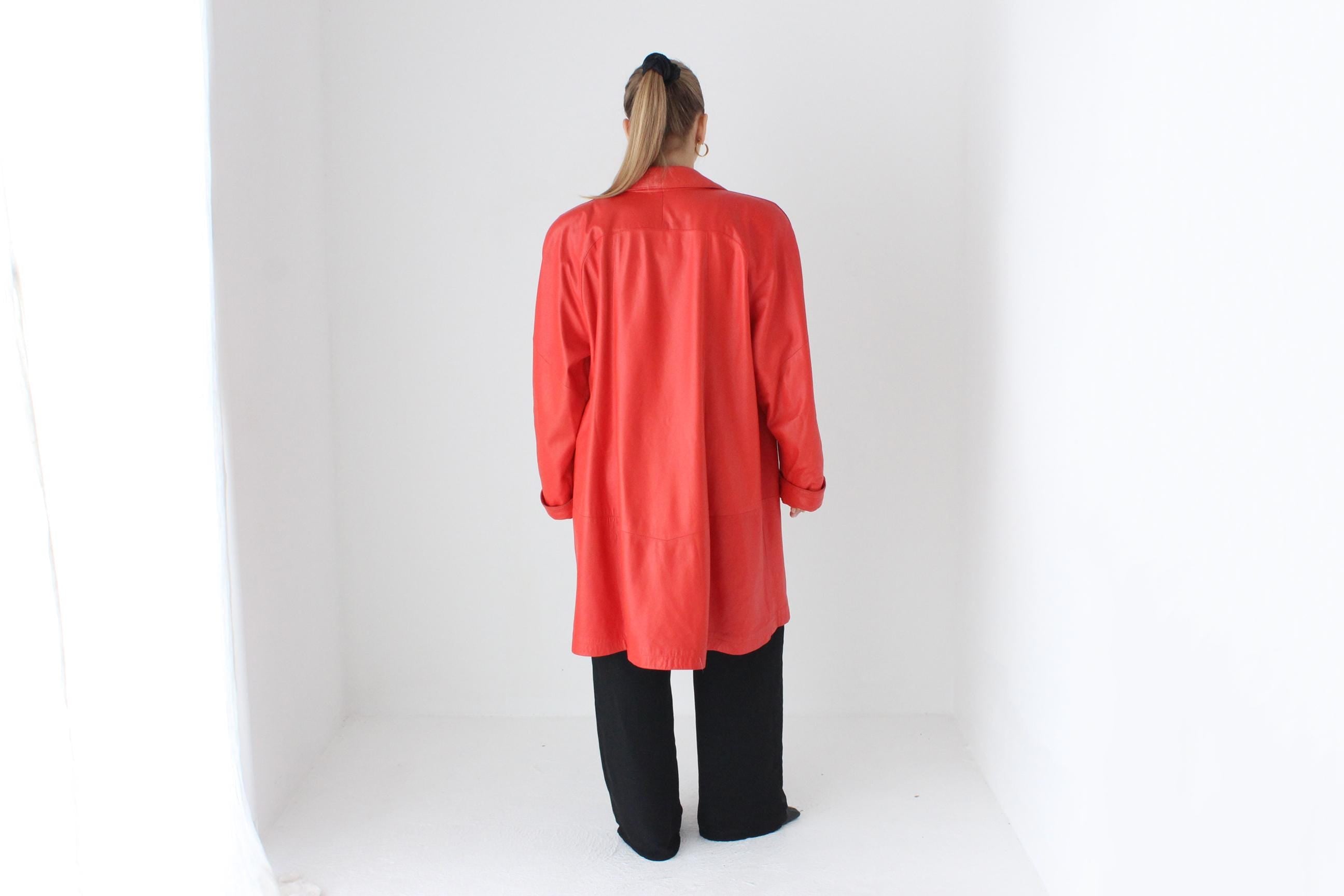 Buttery 80s Coral Red Leather Shawl Collar Swing Coat by Vakko