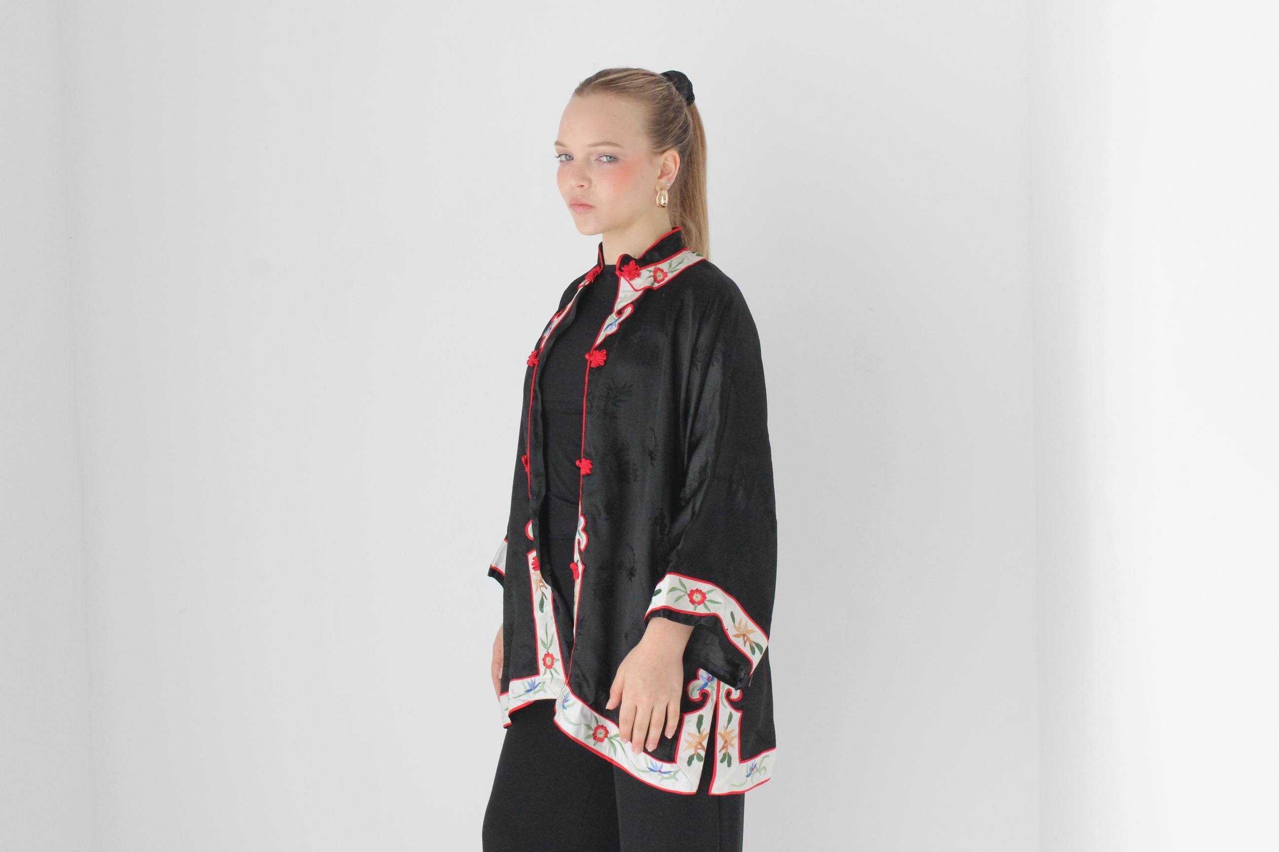 80s Chinese Intricate Embroidered Rayon Satin Robe