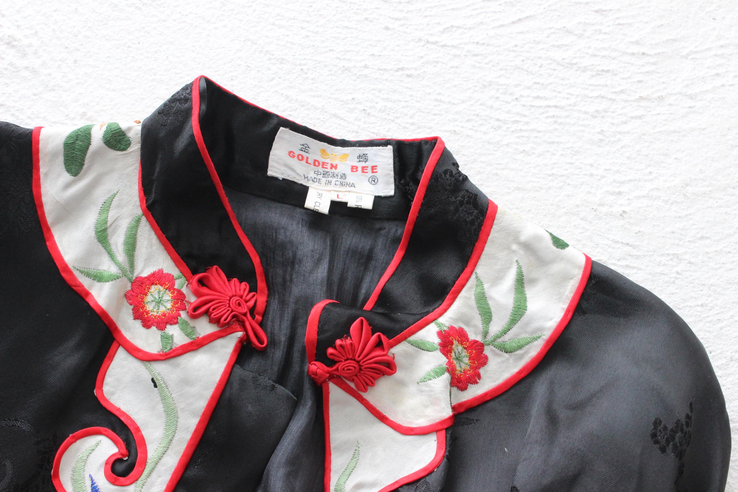 80s Chinese Intricate Embroidered Rayon Satin Robe
