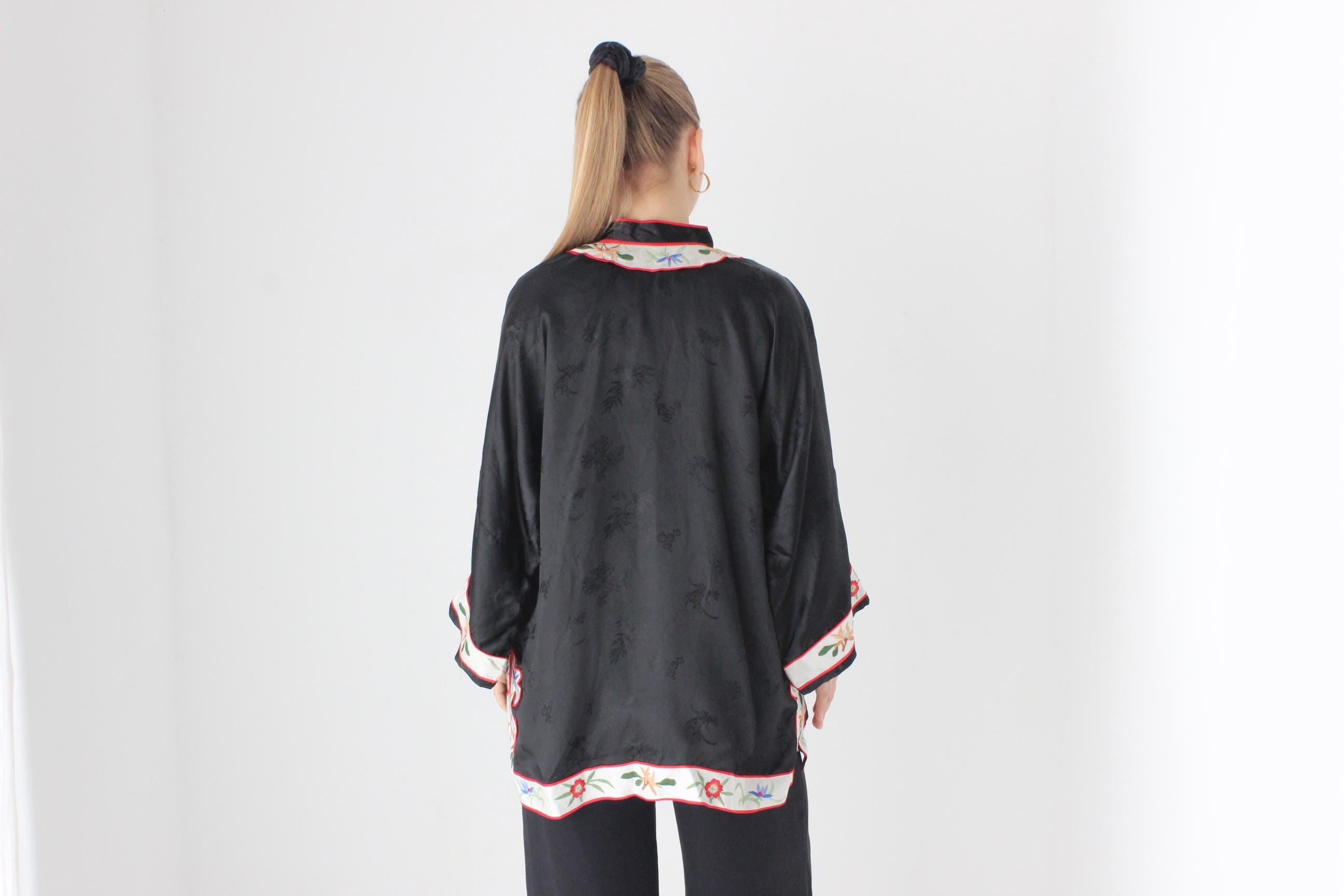 80s Chinese Intricate Embroidered Rayon Satin Robe