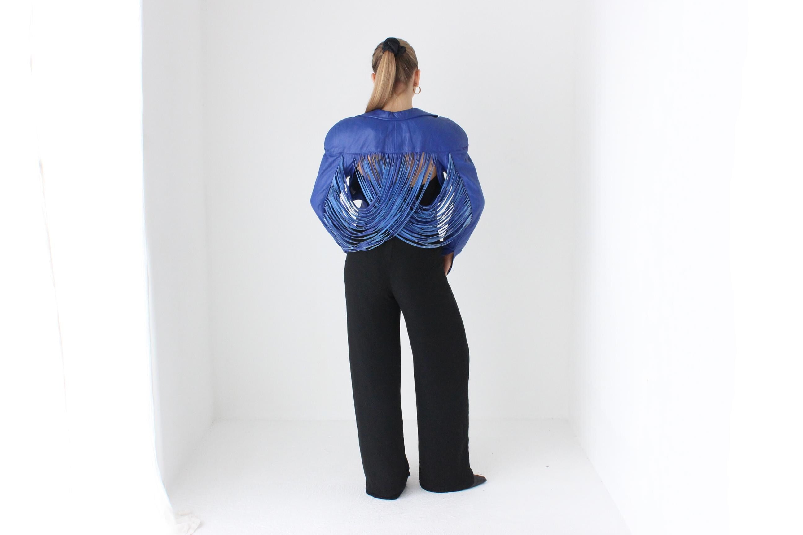 WOW 80s Cobalt Blue Leather Cropped Bomber w/ Cut Out Back & Fringe
