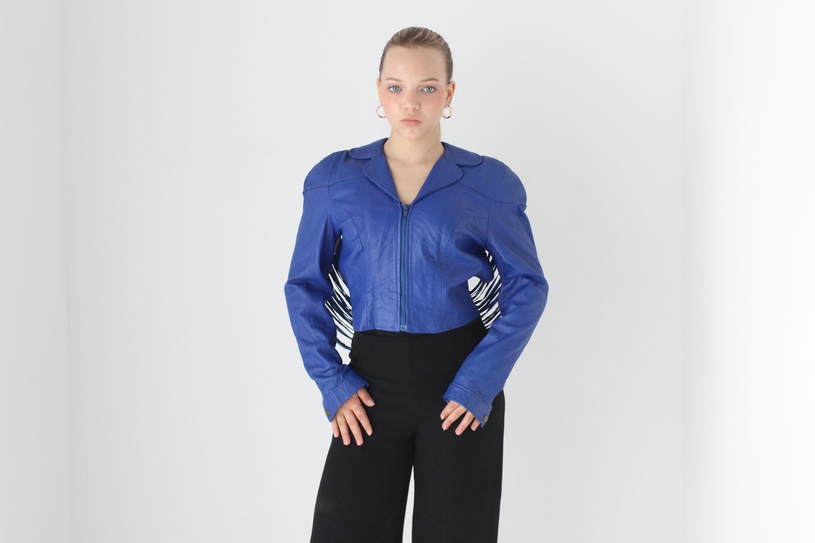 WOW 80s Cobalt Blue Leather Cropped Bomber w/ Cut Out Back & Fringe