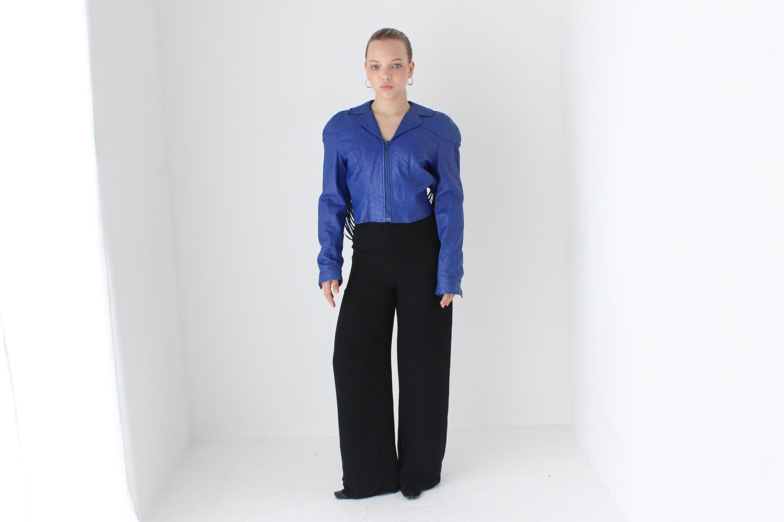 WOW 80s Cobalt Blue Leather Cropped Bomber w/ Cut Out Back & Fringe