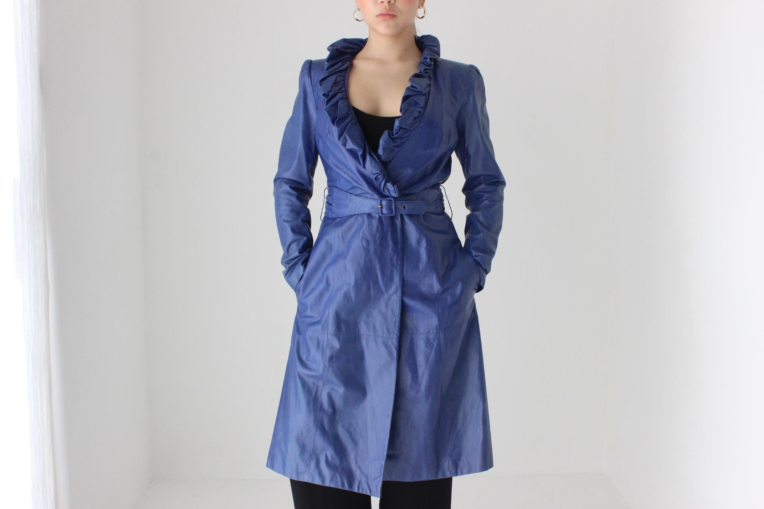 Sassy Y2K Blue Leather Ruffle Collar Belted Trench