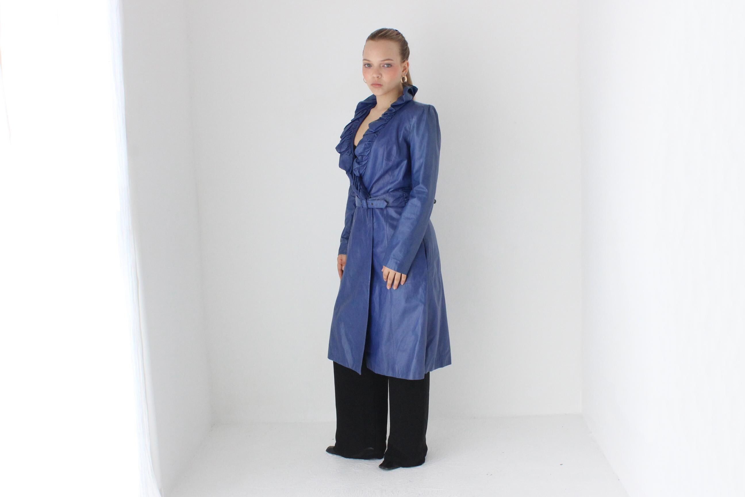Sassy Y2K Blue Leather Ruffle Collar Belted Trench