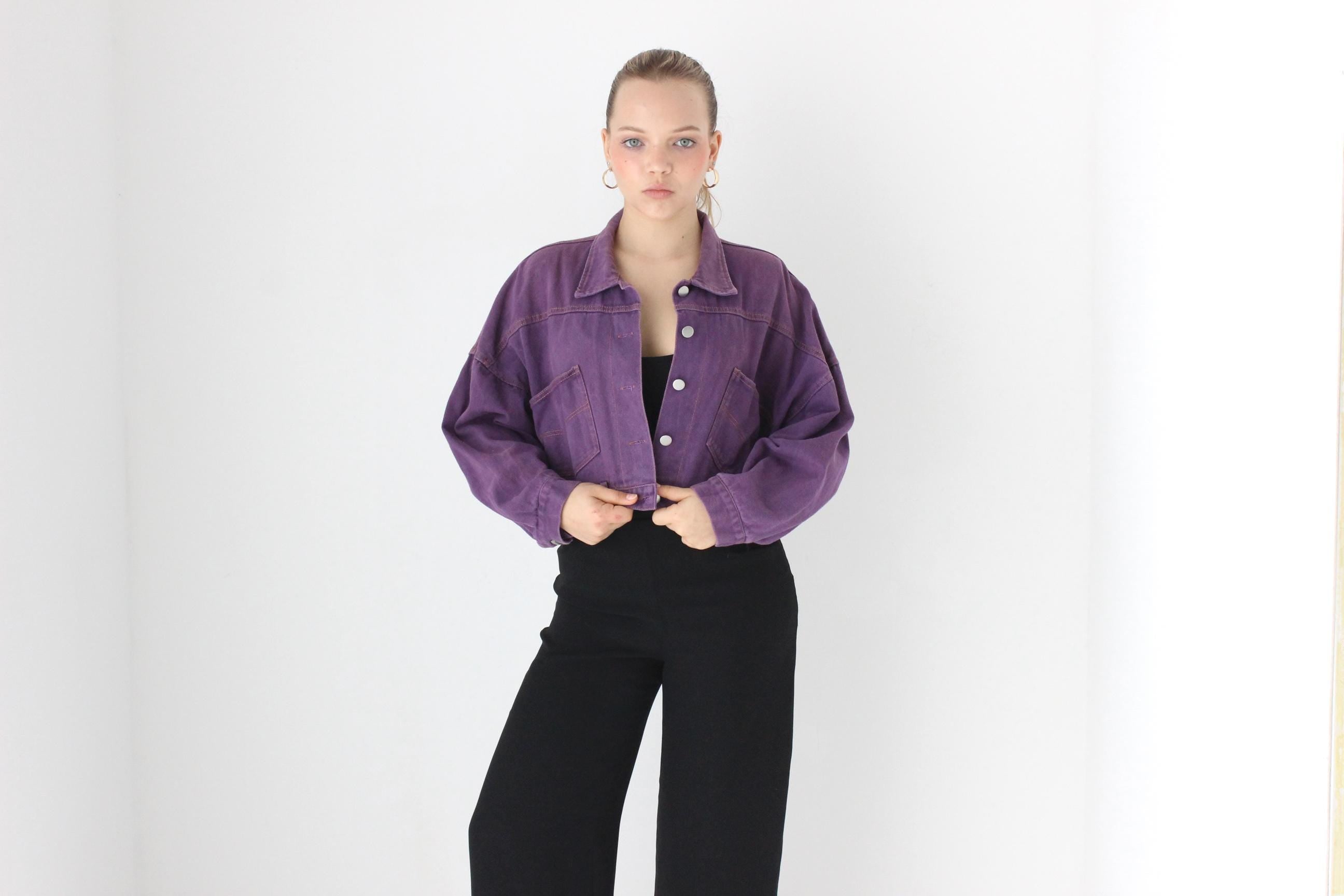Y2K Slouchy Purple Cropped Denim Jacket