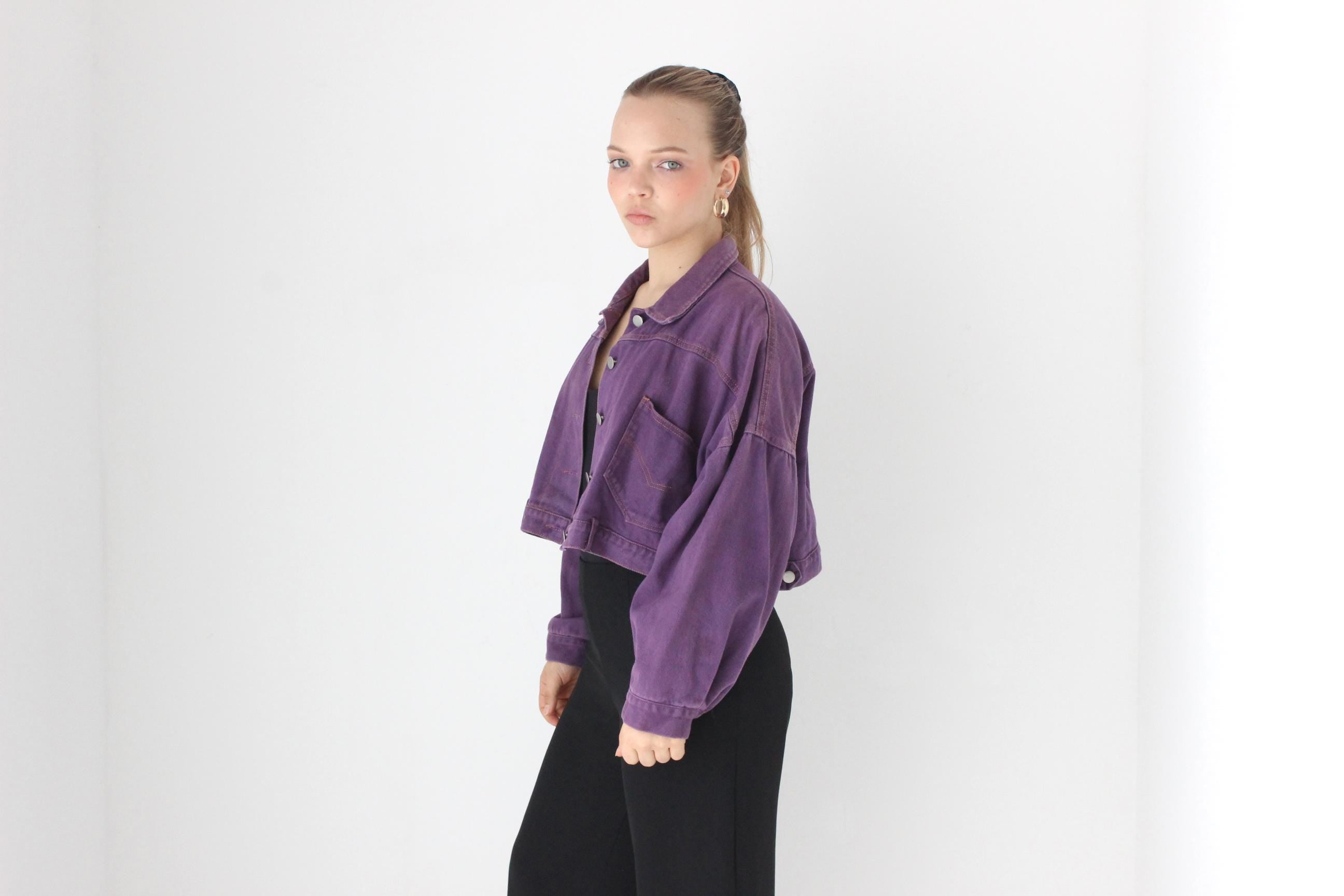Y2K Slouchy Purple Cropped Denim Jacket