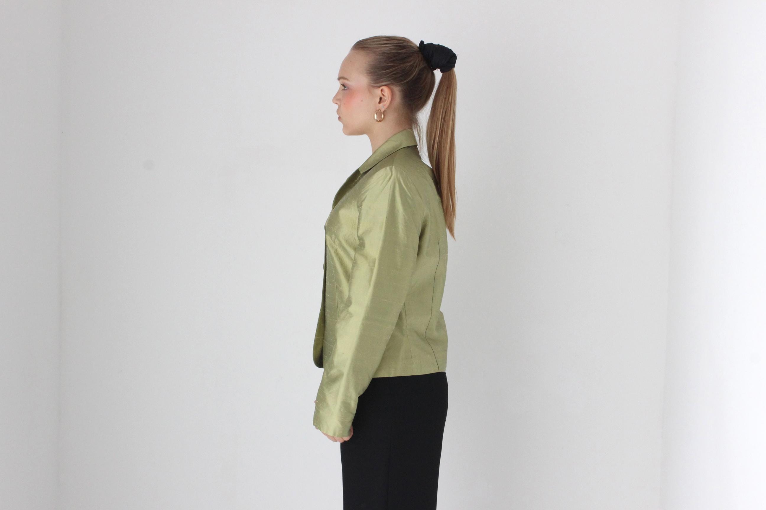 Y2K Olive Metallic Raw Silk Boxy Blazer