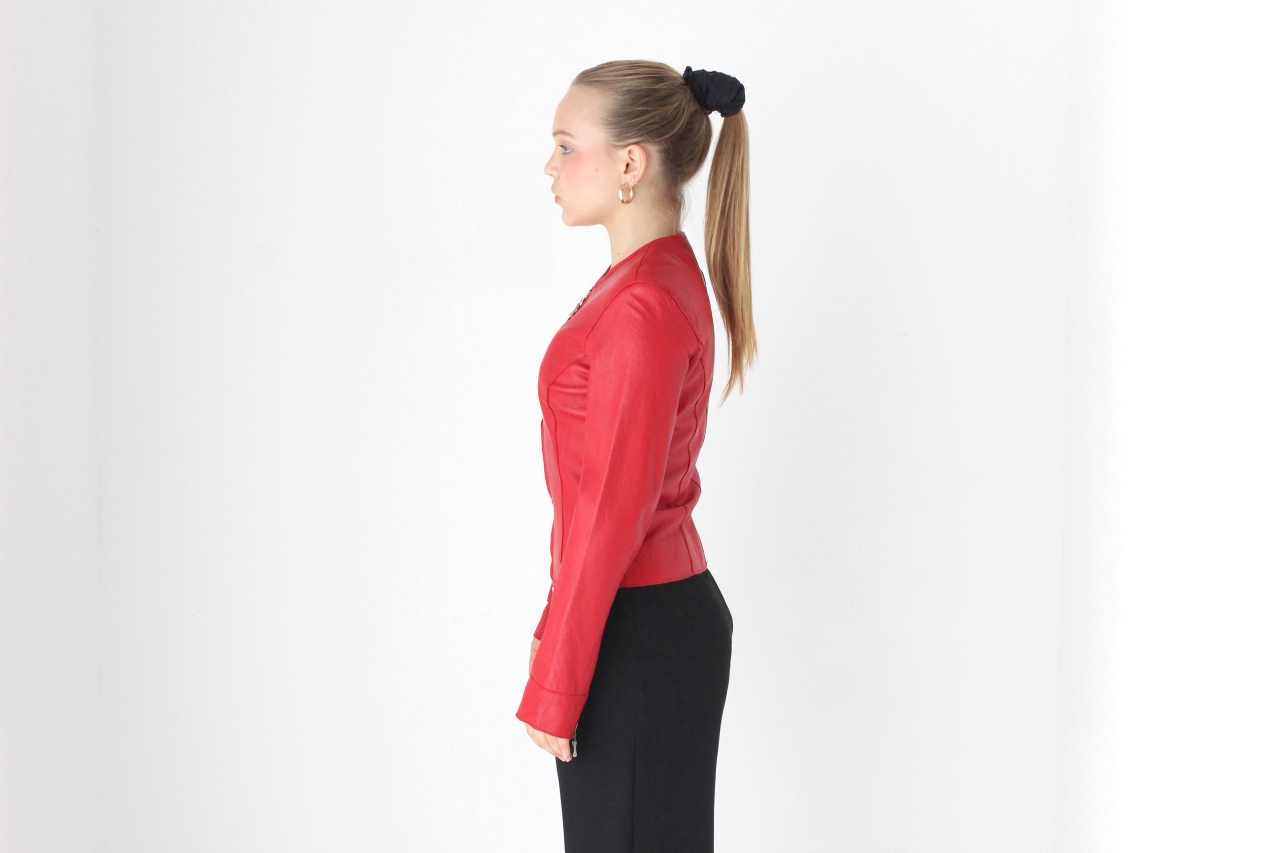 Y2K Sexy Red Zip Front Fitted Leather Jacket