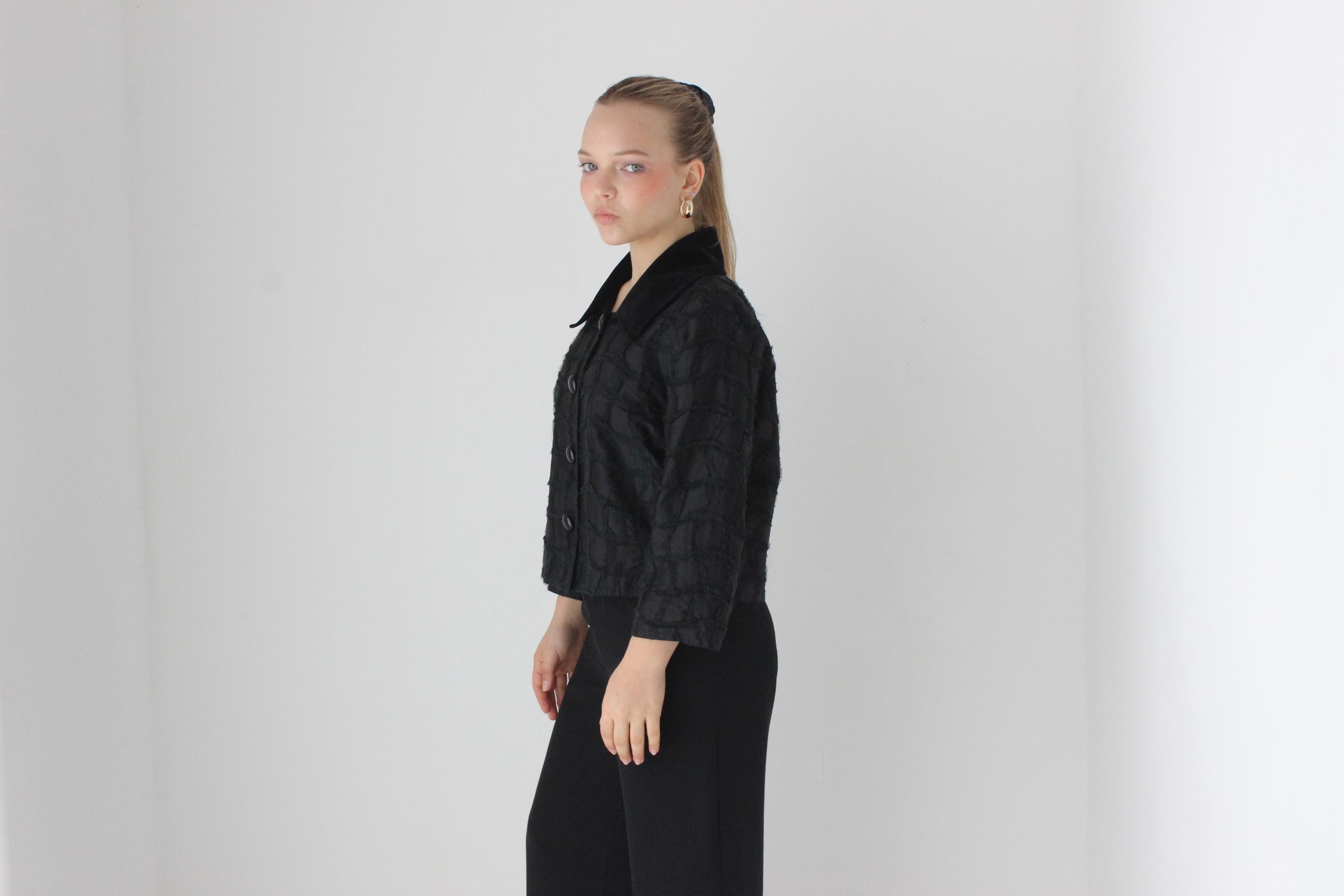90s Textural Silk Cropped Button Up Jacket