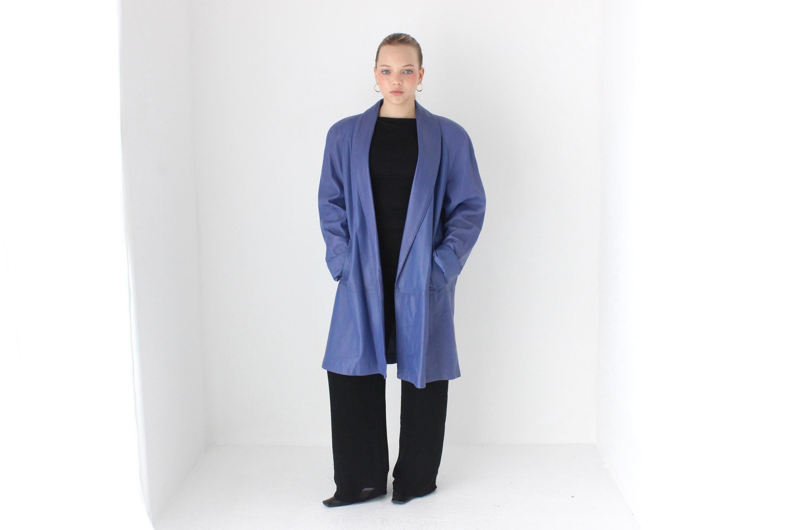 Buttery 80s Blue Leather Longline Swing Coat