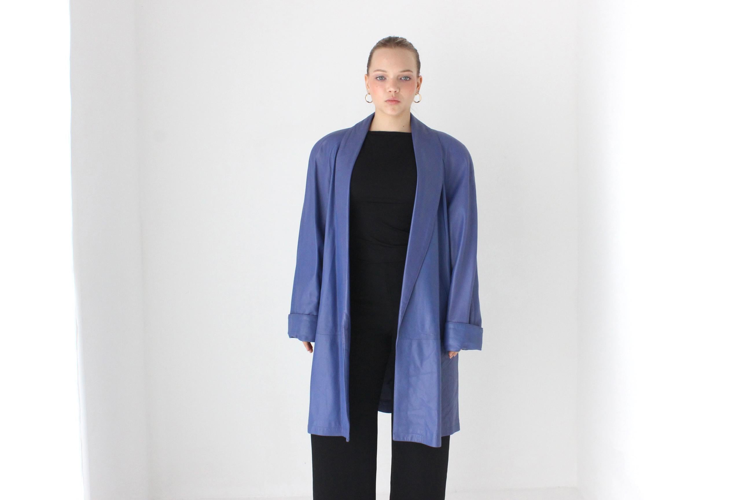 Buttery 80s Blue Leather Longline Swing Coat
