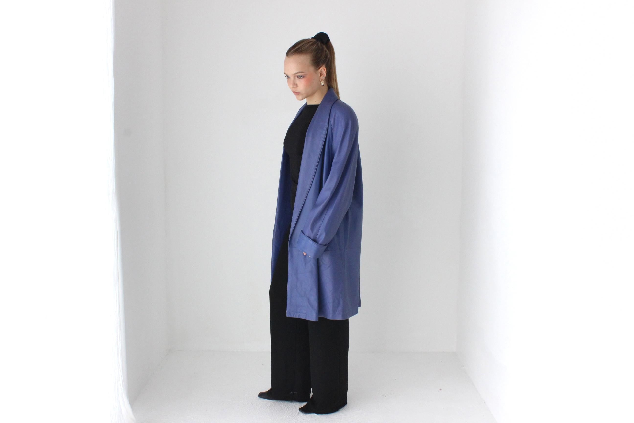 Buttery 80s Blue Leather Longline Swing Coat
